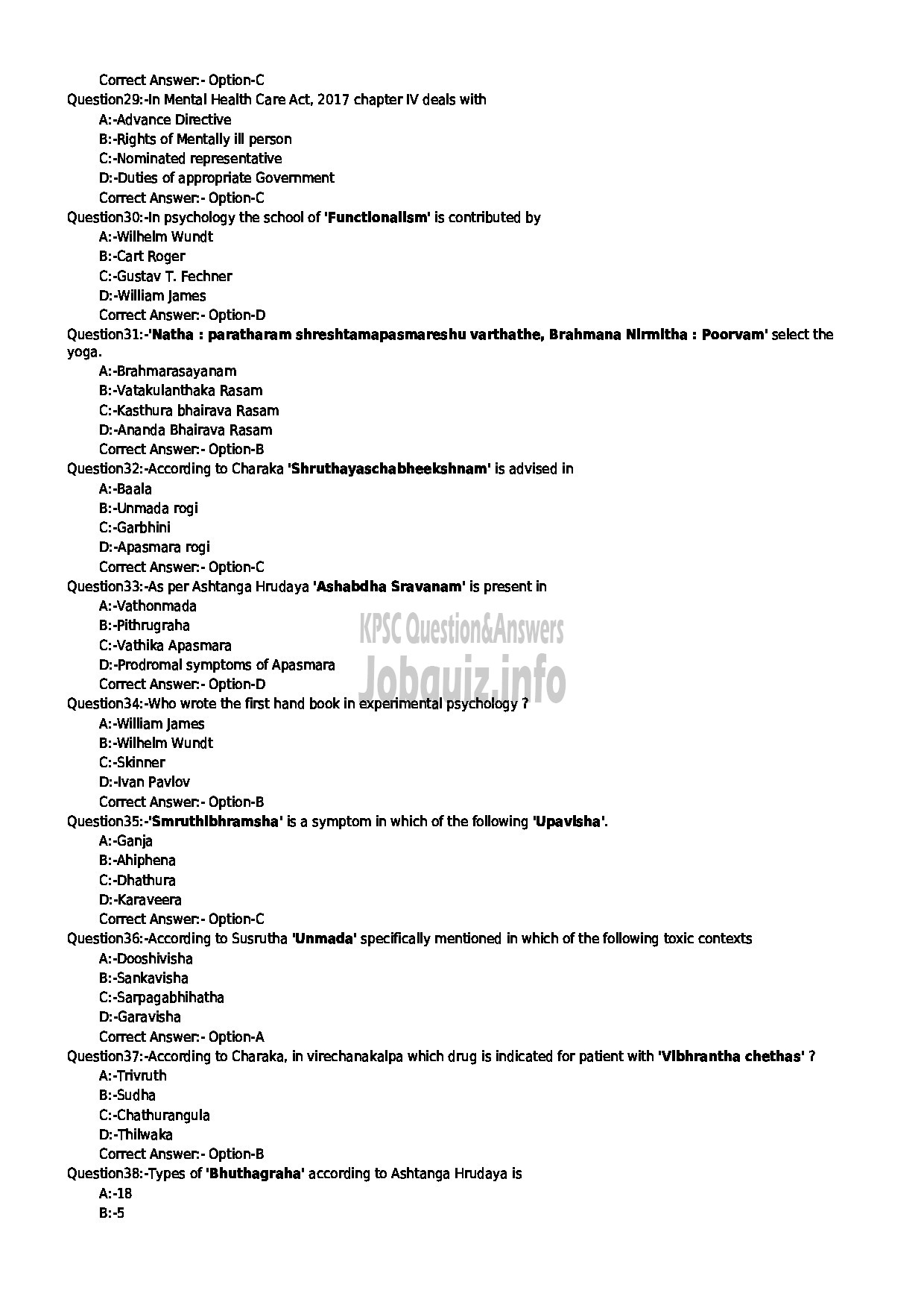 Kerala PSC Question Paper - SPECIALIST MANASIKA INDIAN SYSTEMS OF MEDICINE-4