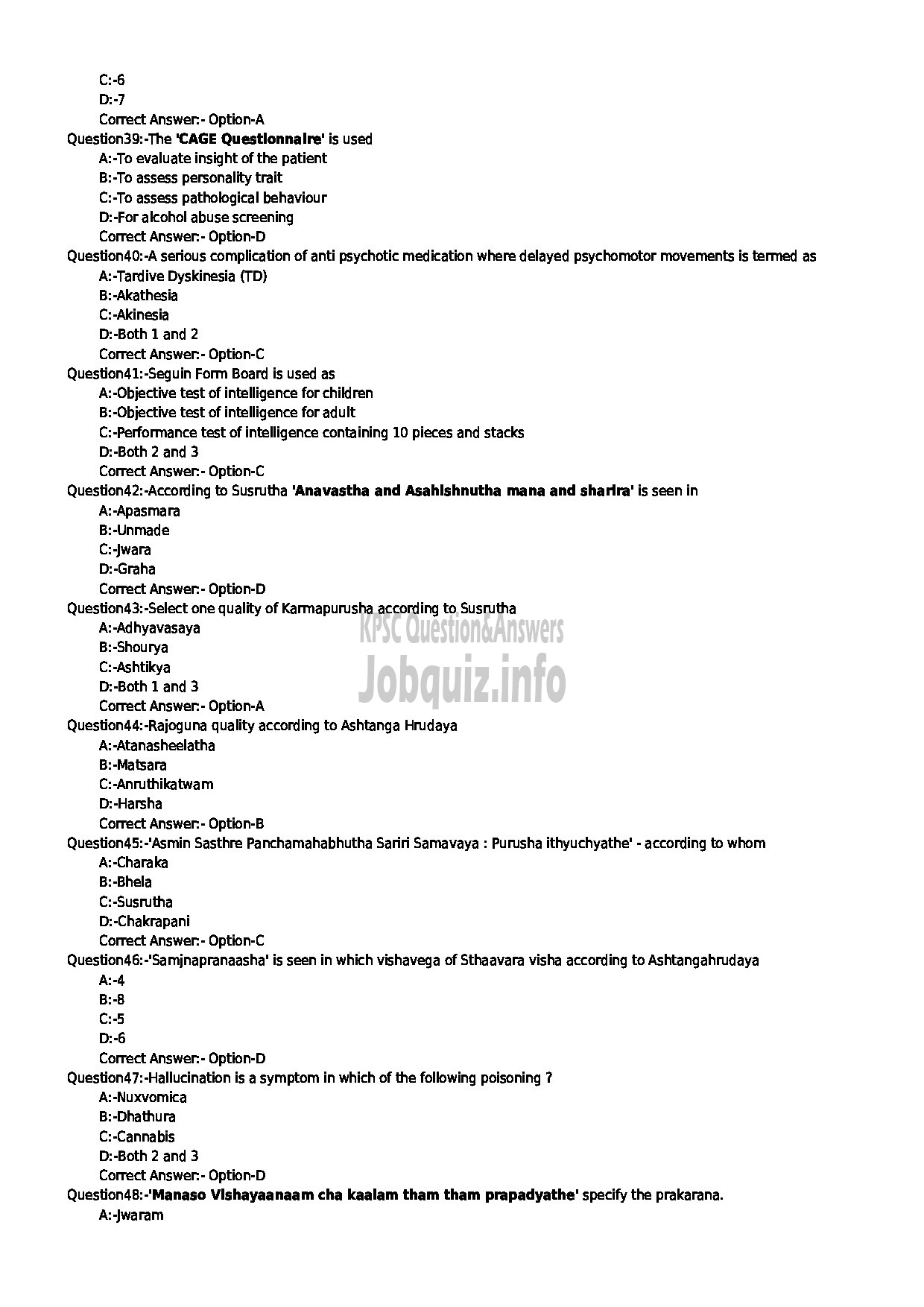 Kerala PSC Question Paper - SPECIALIST MANASIKA INDIAN SYSTEMS OF MEDICINE-5