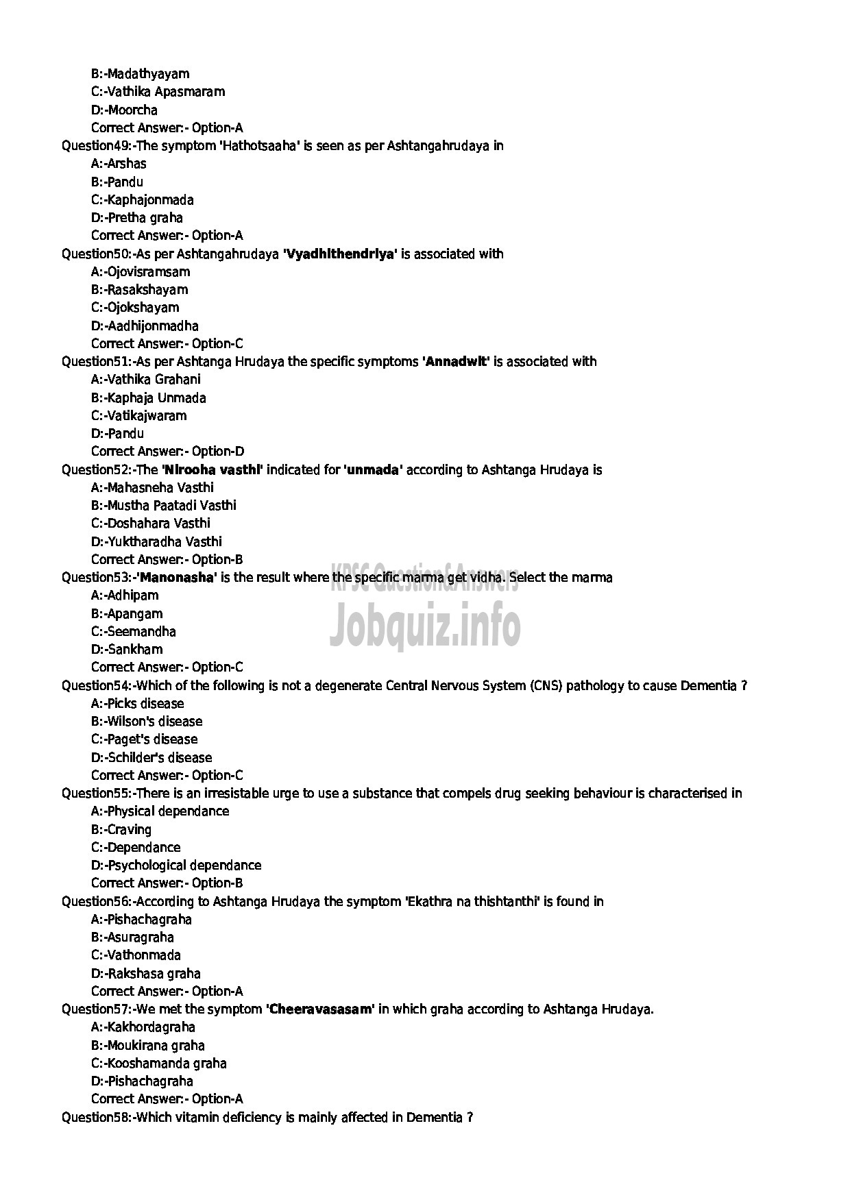 Kerala PSC Question Paper - SPECIALIST MANASIKA INDIAN SYSTEMS OF MEDICINE-6