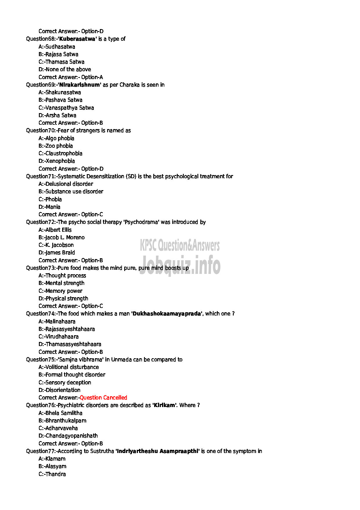 Kerala PSC Question Paper - SPECIALIST MANASIKA INDIAN SYSTEMS OF MEDICINE-8