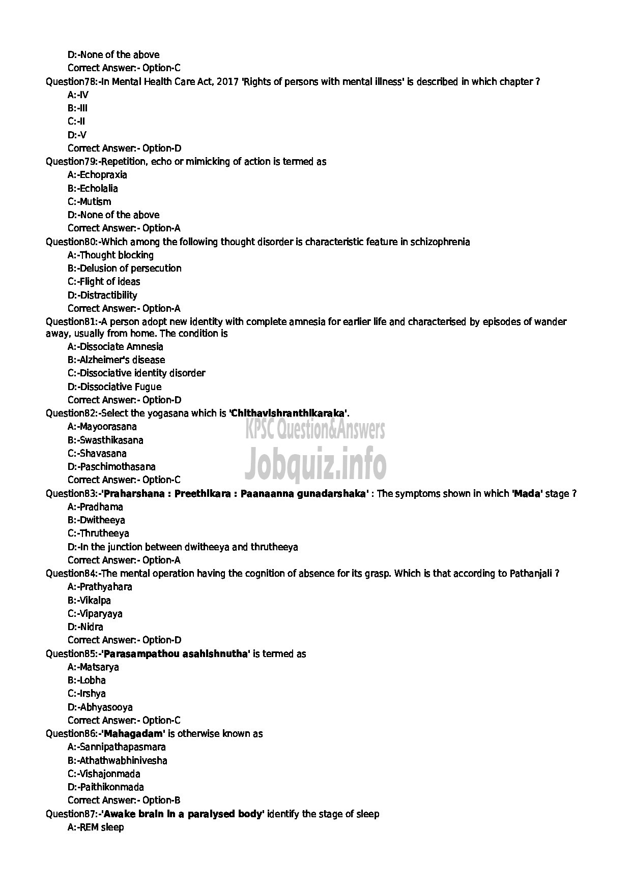 Kerala PSC Question Paper - SPECIALIST MANASIKA INDIAN SYSTEMS OF MEDICINE-9