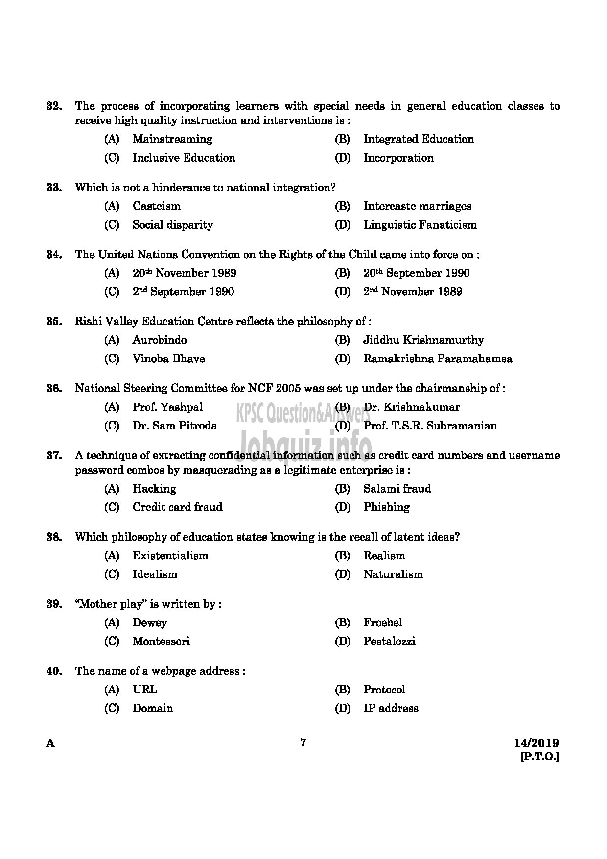 Kerala PSC Question Paper - SPECIAL TEACHER HOME FOR MENTALLY DEFICIENT CHILDREN SOCIAL JUSTICE DEPARTMENT-5