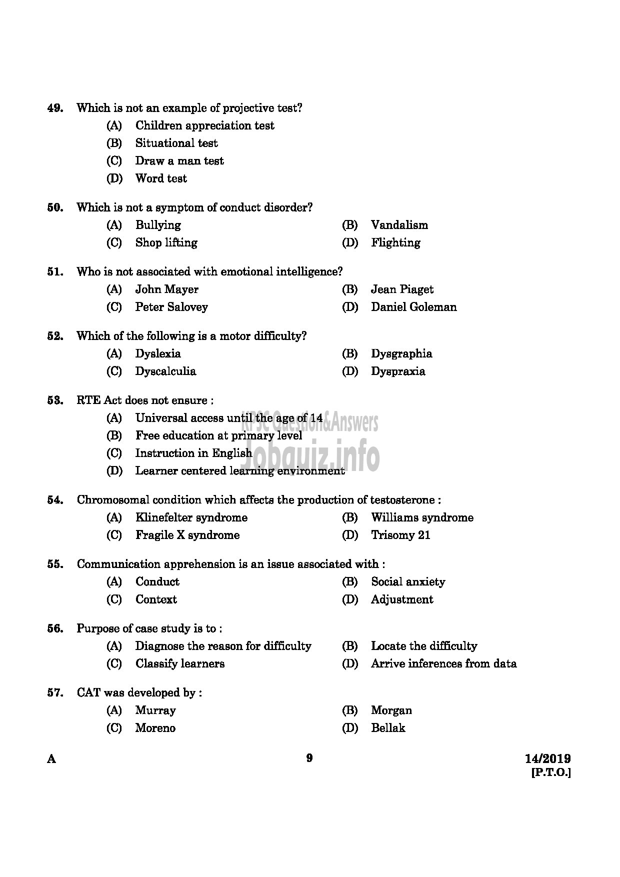 Kerala PSC Question Paper - SPECIAL TEACHER HOME FOR MENTALLY DEFICIENT CHILDREN SOCIAL JUSTICE DEPARTMENT-7