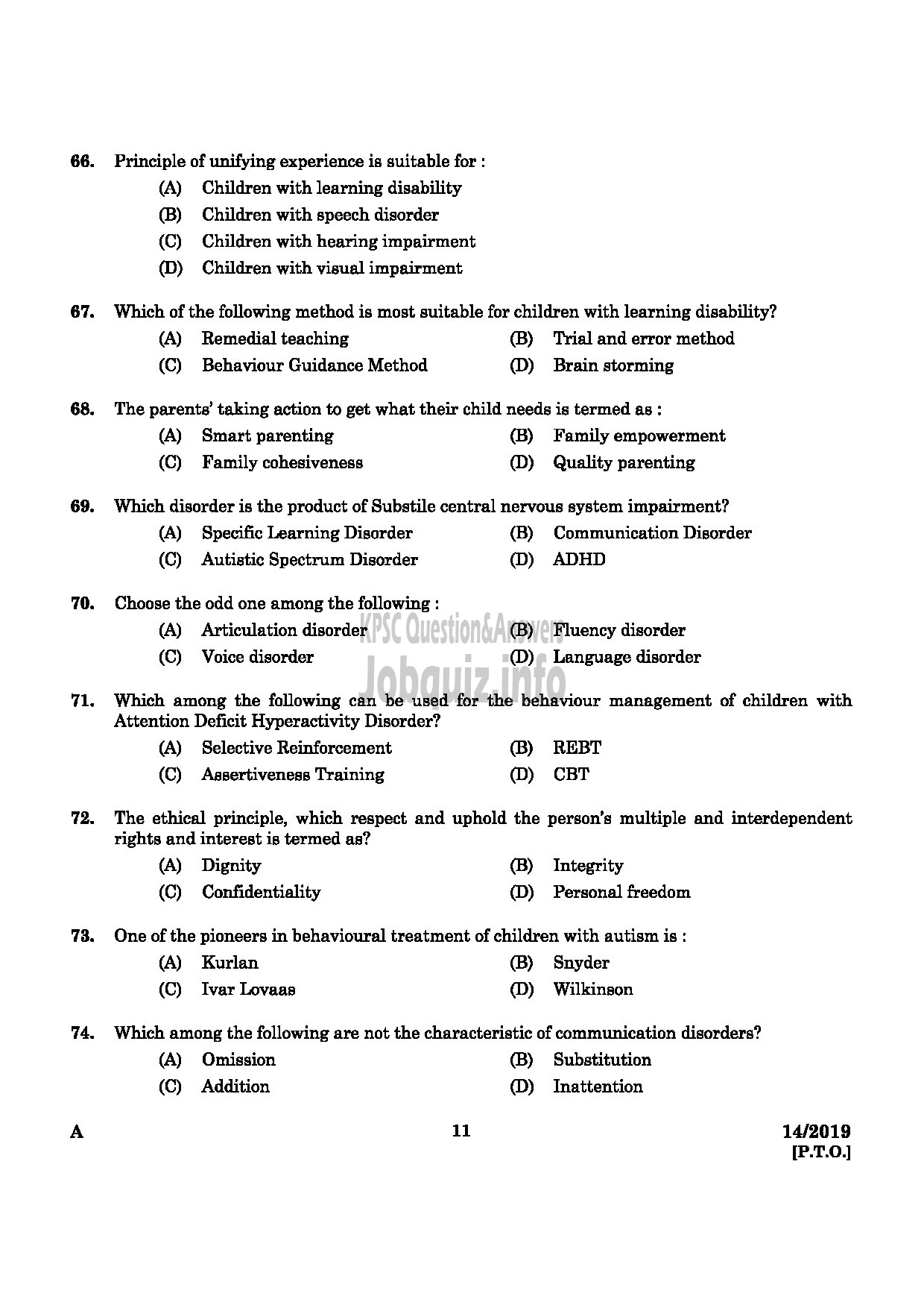 Kerala PSC Question Paper - SPECIAL TEACHER HOME FOR MENTALLY DEFICIENT CHILDREN SOCIAL JUSTICE DEPARTMENT-9
