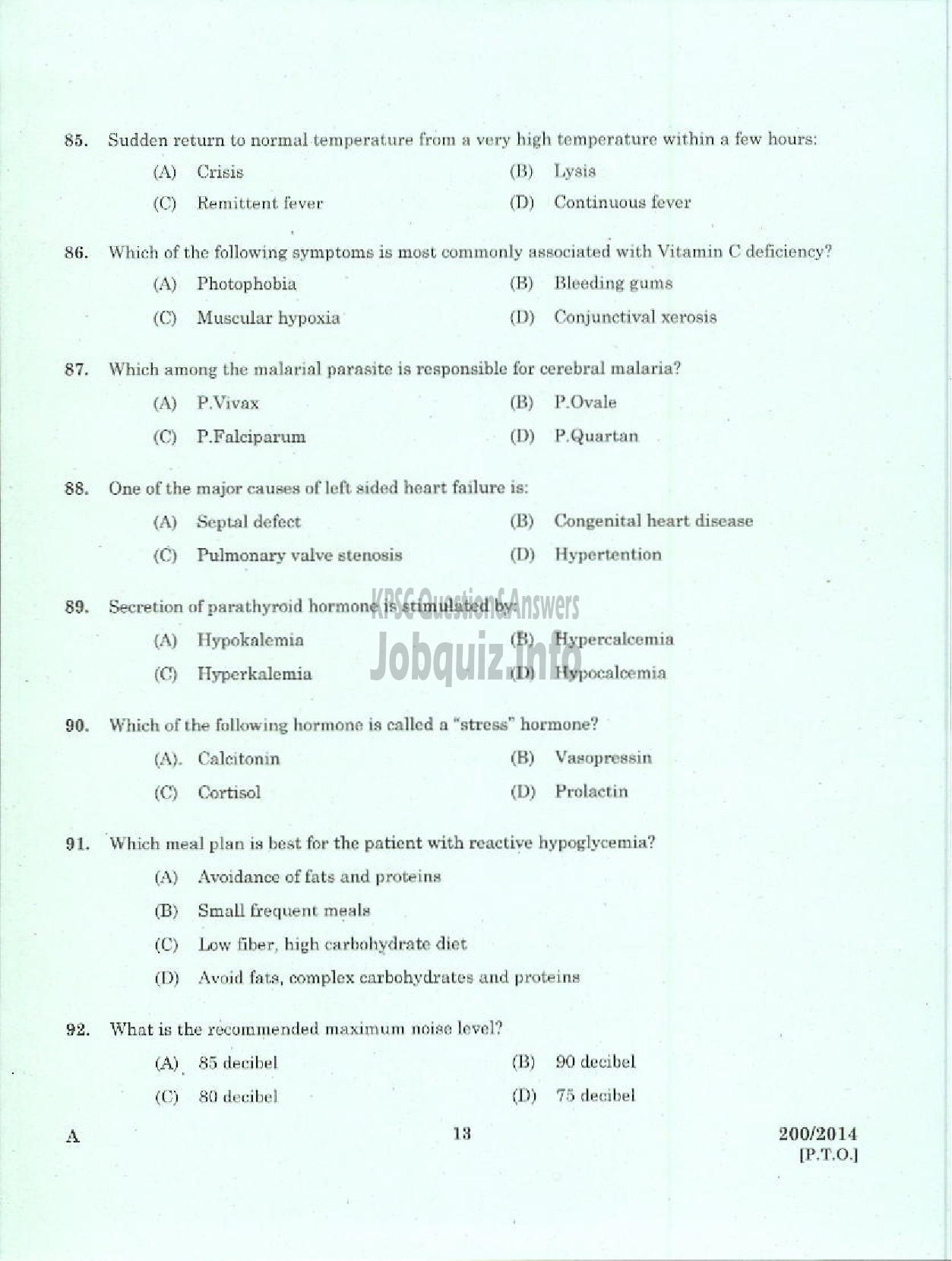 Kerala PSC Question Paper - STAFF NURSE GRADE II NCA / SR FOR SC / ST HEALTH SERVICE-11