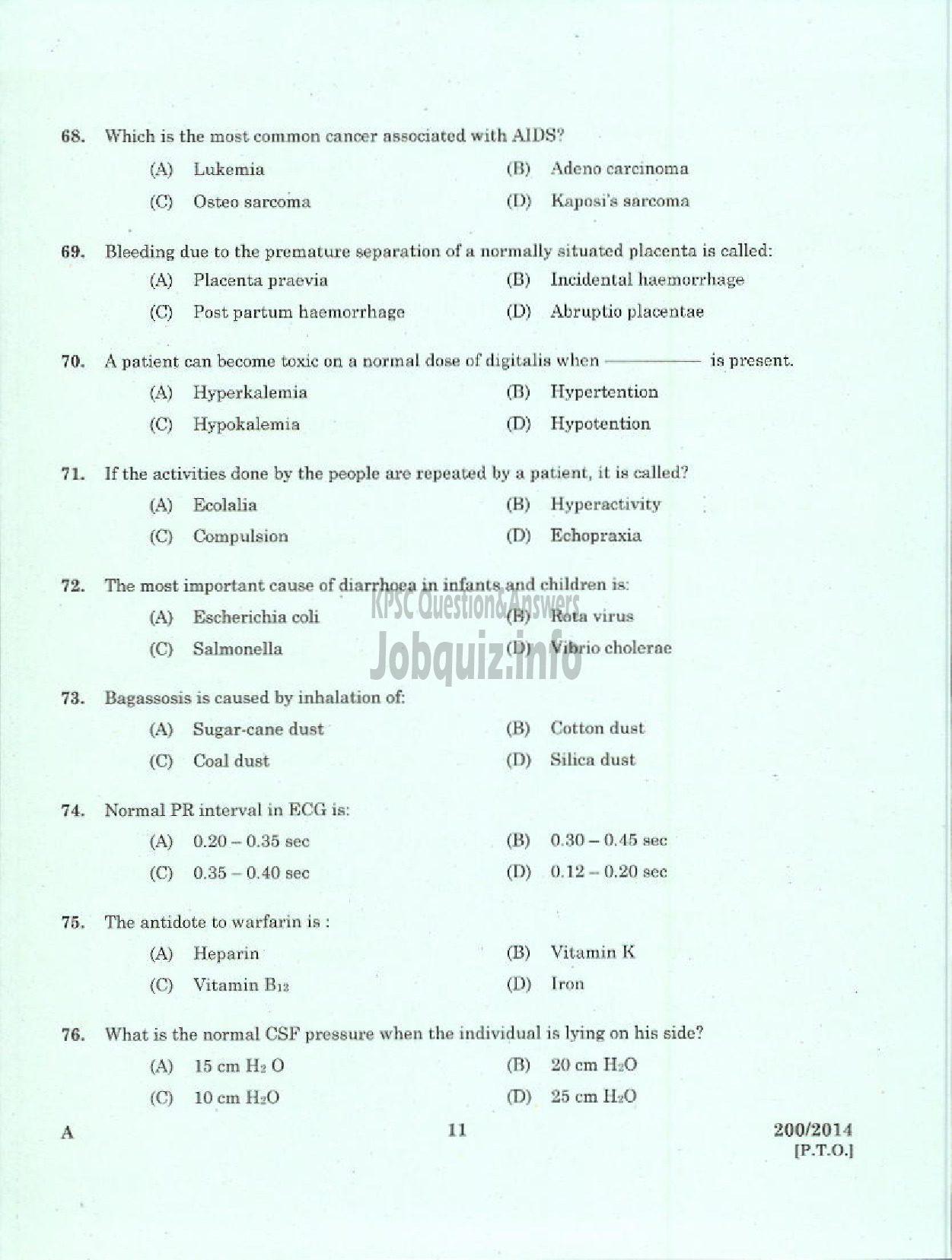 Kerala PSC Question Paper - STAFF NURSE GRADE II NCA / SR FOR SC / ST HEALTH SERVICE-9