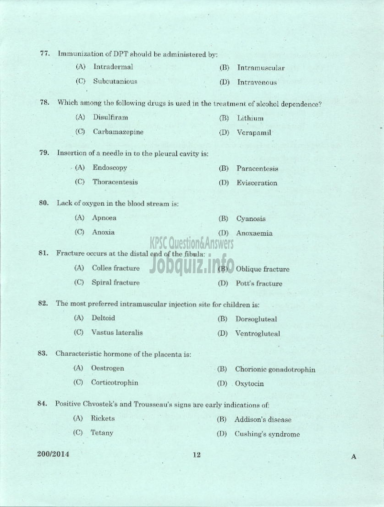 Kerala PSC Question Paper - STAFF NURSE GRADE II NCA / SR FOR SC / ST HEALTH SERVICE-10