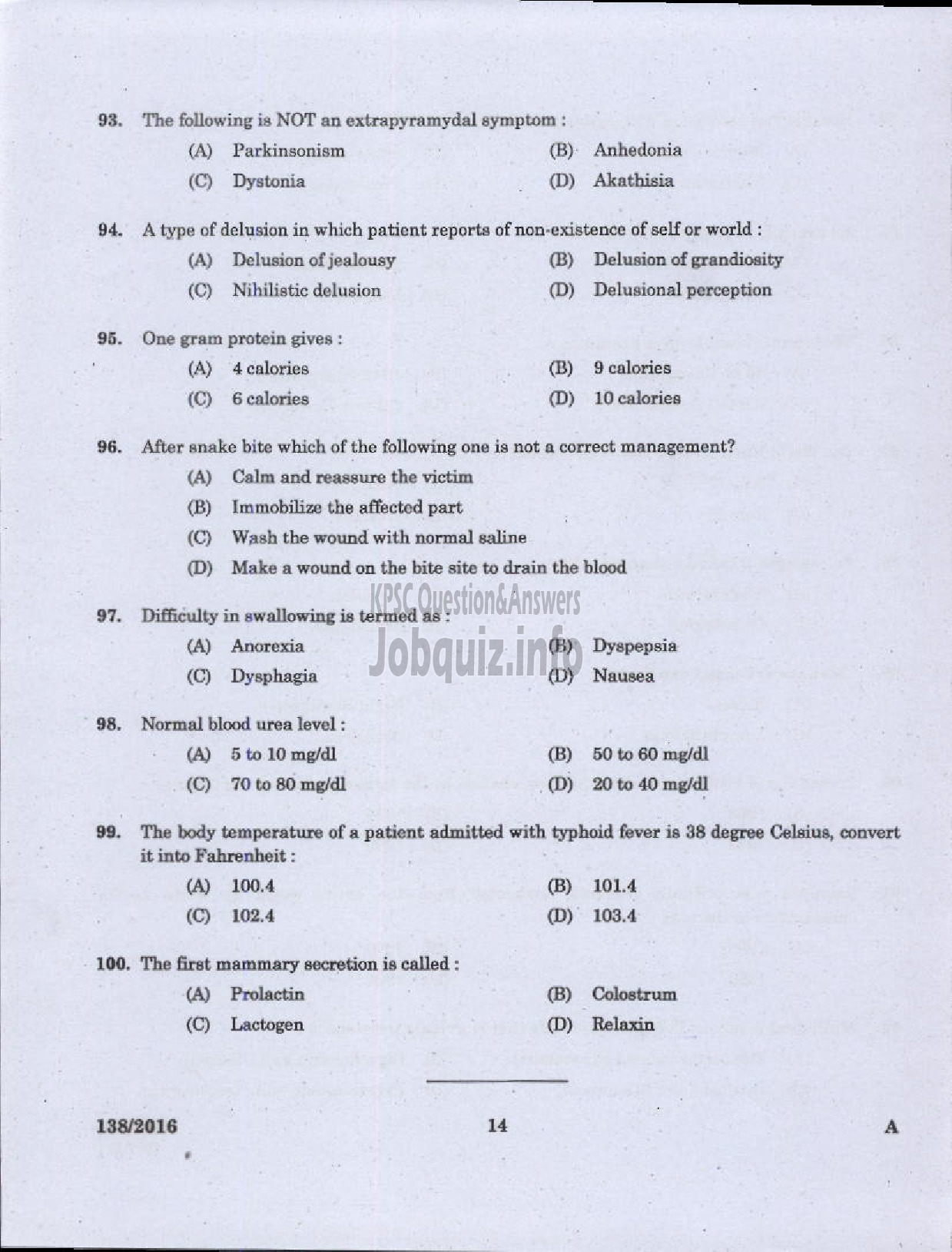 Kerala PSC Question Paper - STAFF NURSE GR II HEALTH SERVICES/MEDICAL EDUCATION-10