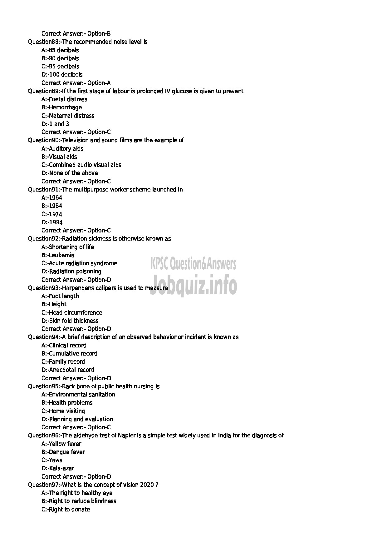 Kerala PSC Question Paper - STAFF NURSE INSURANCE MEDICAL SERVICES-10