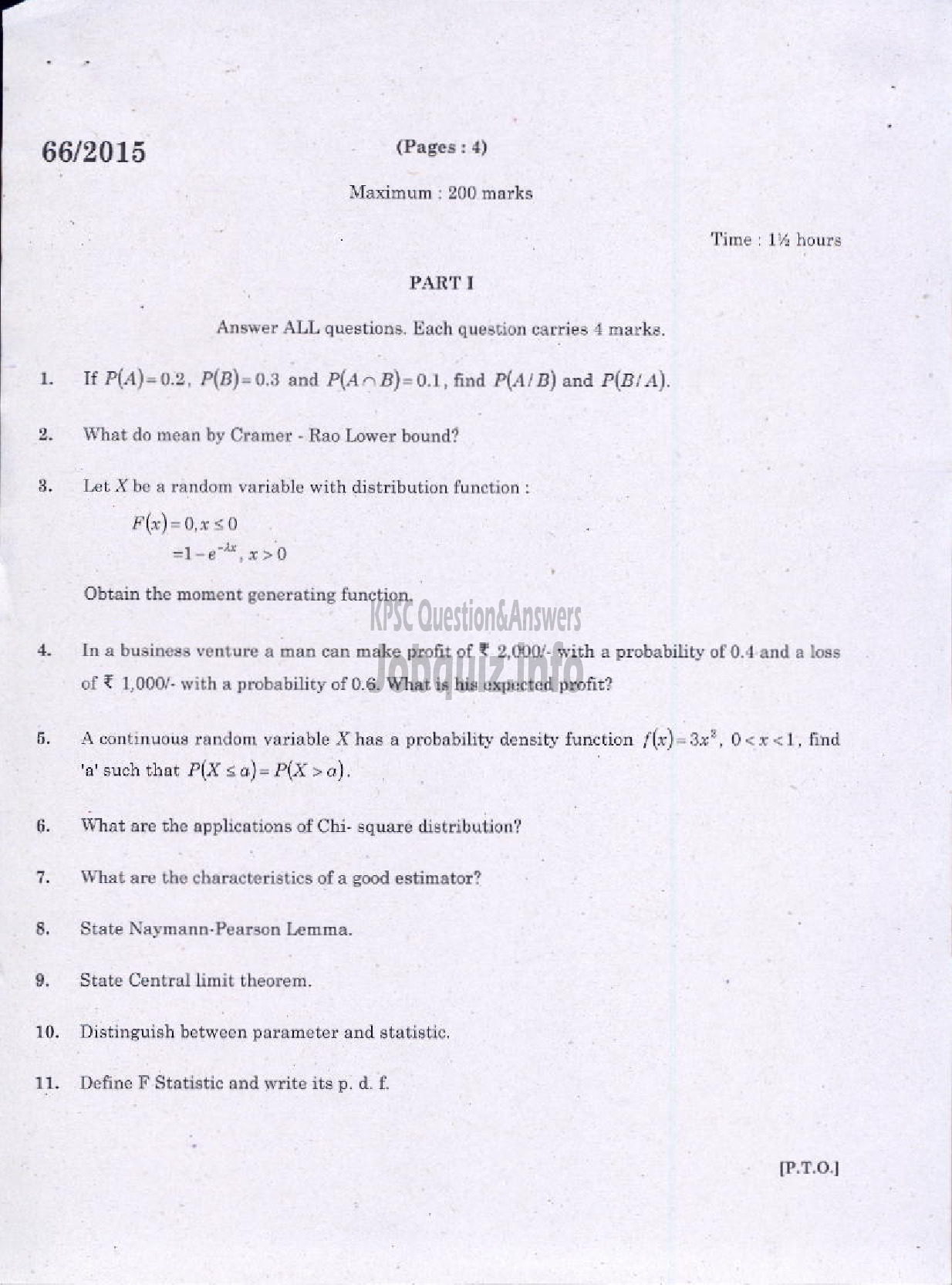 Kerala PSC Question Paper - STATISTICS-1