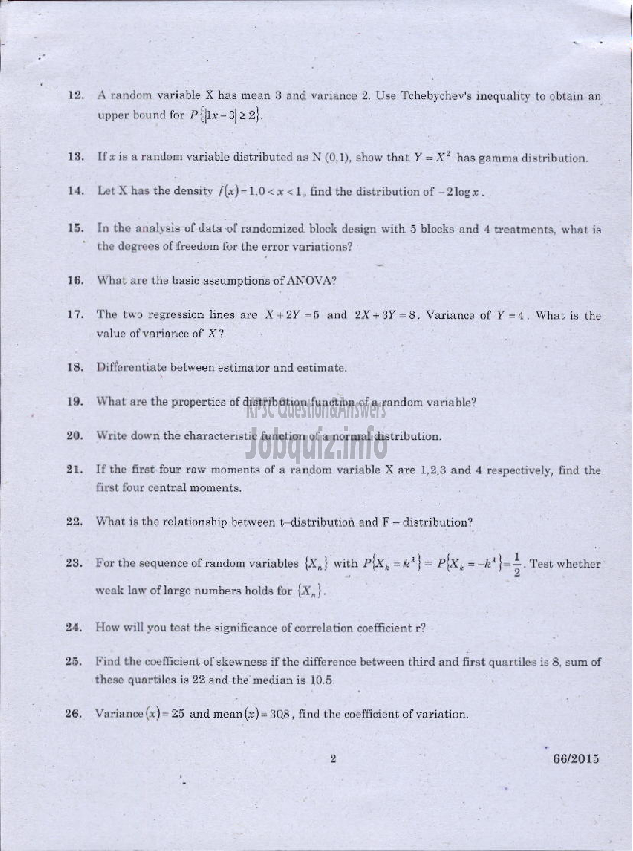 Kerala PSC Question Paper - STATISTICS-2