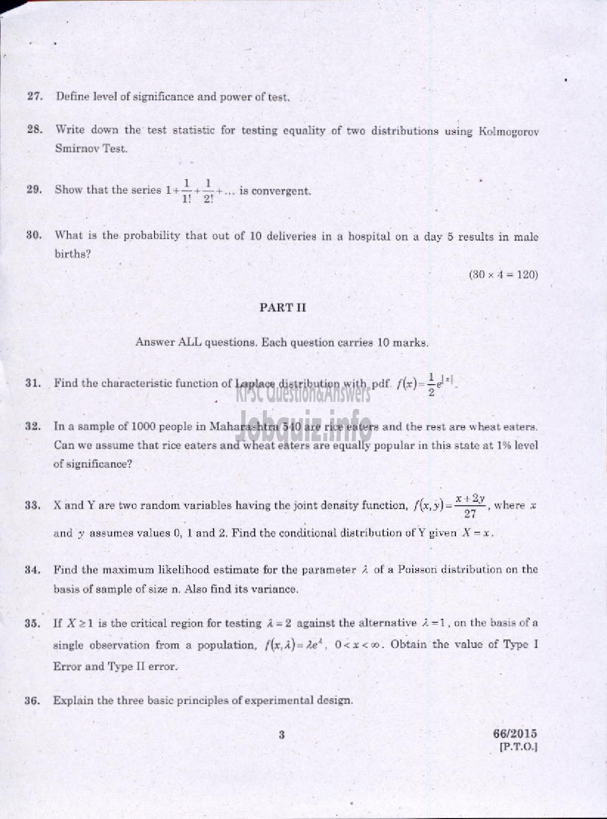 Kerala PSC Question Paper - STATISTICS-3