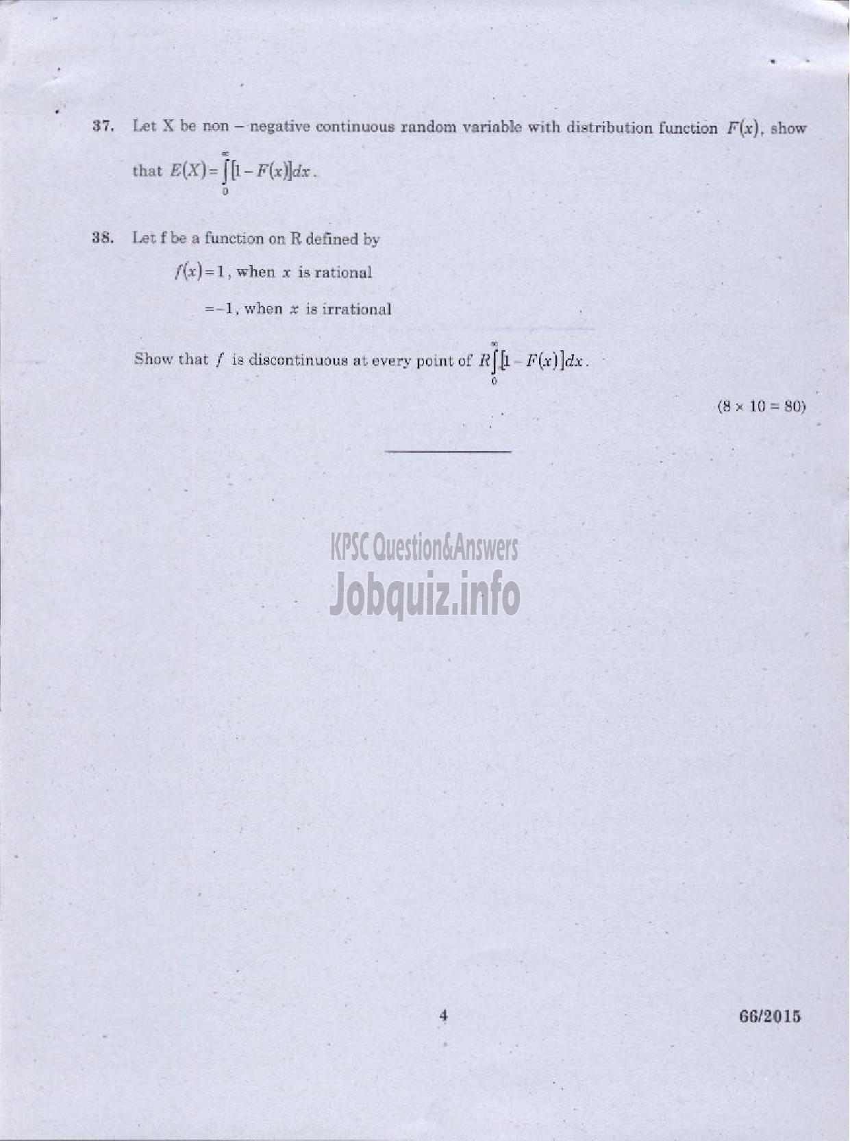 Kerala PSC Question Paper - STATISTICS-4