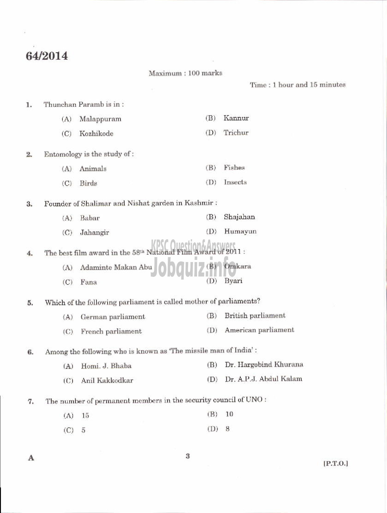 Kerala PSC Question Paper - STEWARD SC DEVELOPMENT TVM KLM KTM KKD KNR KSGD DISTRICTS-1