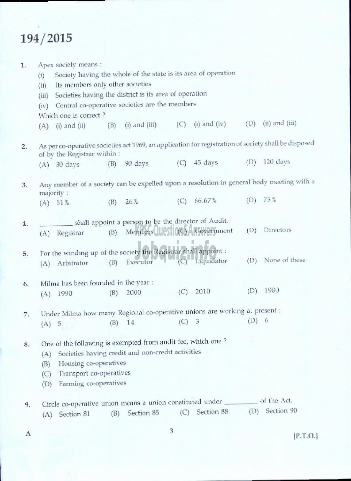 Kerala PSC Question Paper - STORES/ PURCHASE OFFICER KCMMF LTD-1