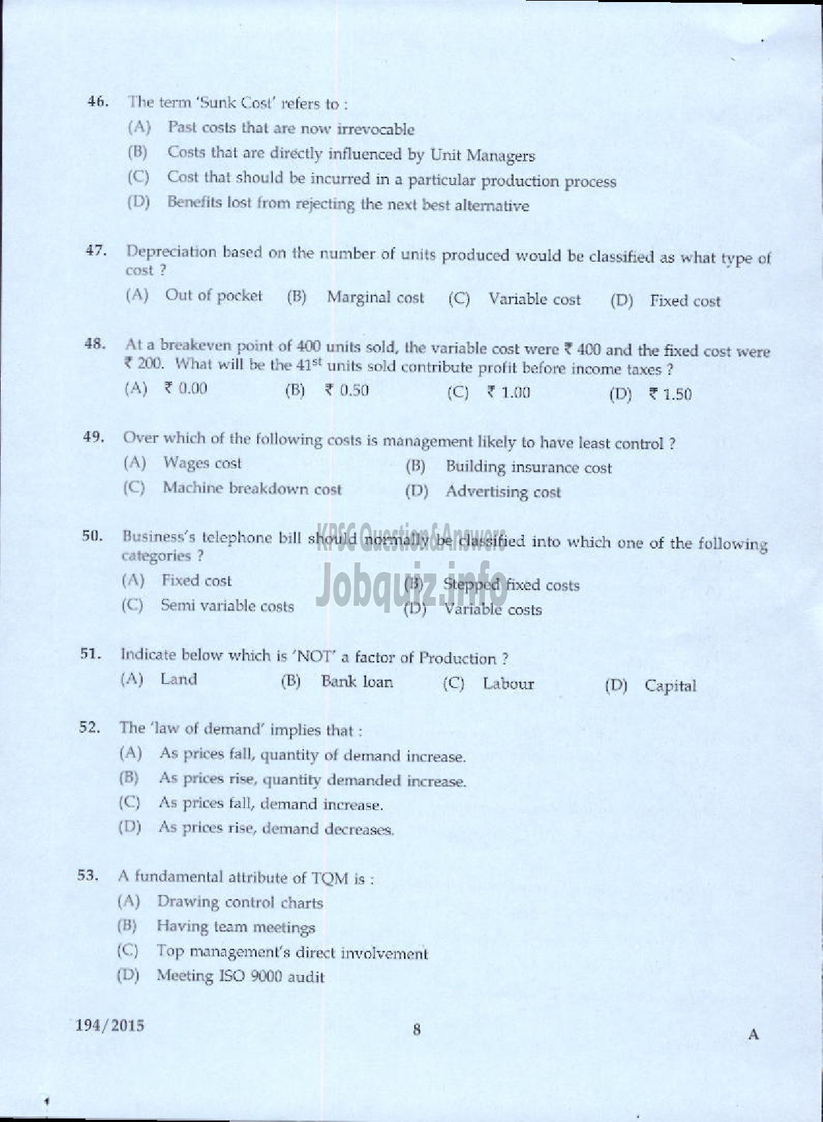 Kerala PSC Question Paper - STORES/ PURCHASE OFFICER KCMMF LTD-4