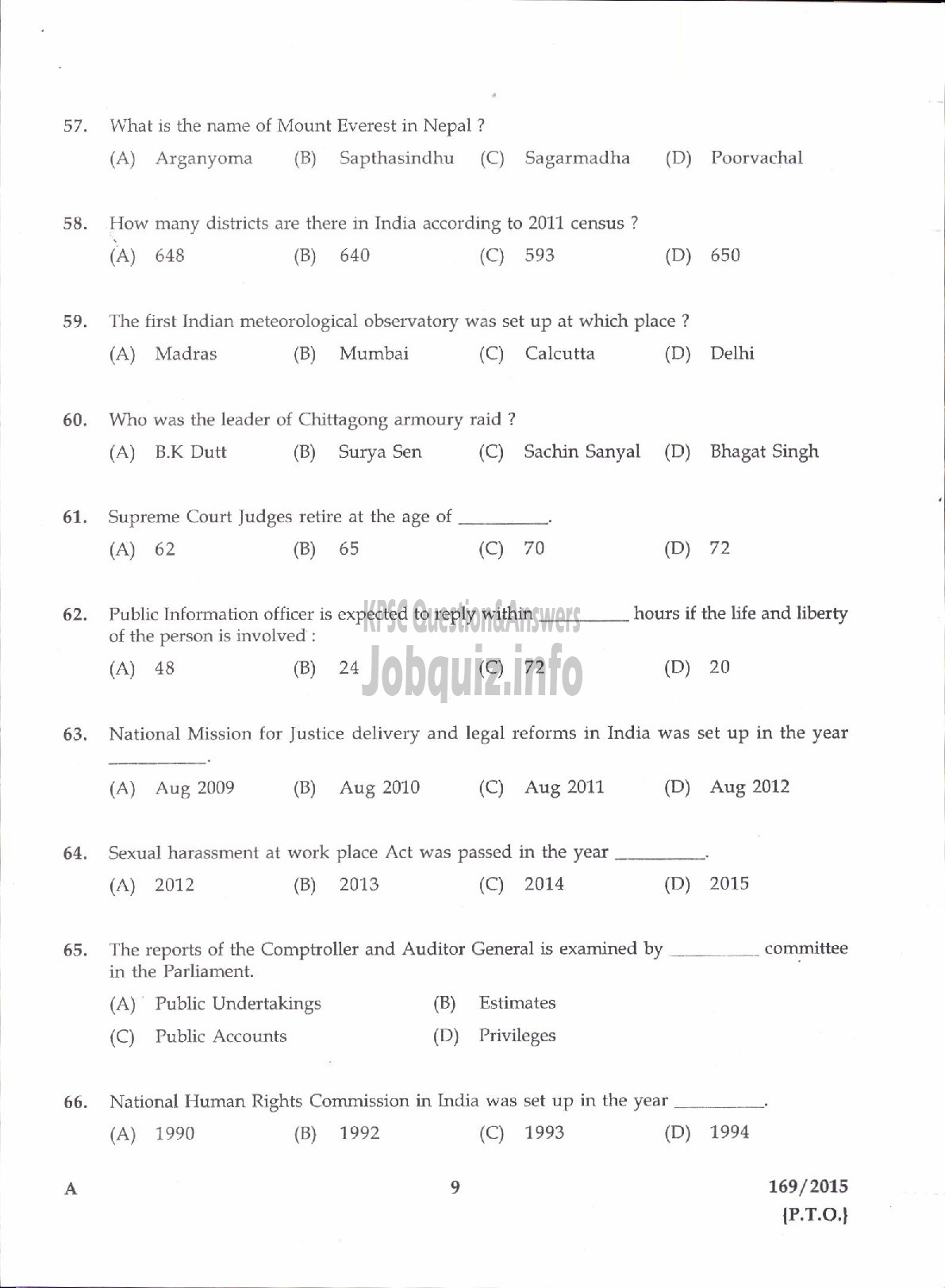 Kerala PSC Question Paper - SUB INSPECTOR OF POLICE TRAINEE POLICE KERALA CIVIL POLICE /ARMED POLICE SUB INSPECTOR TRAINEE POLICE ARMED POLICE BN/ASST JAILER GR I /SUPERINTENDENT SUB JAIL /EXCISE INSPECTOR EXCISE-7