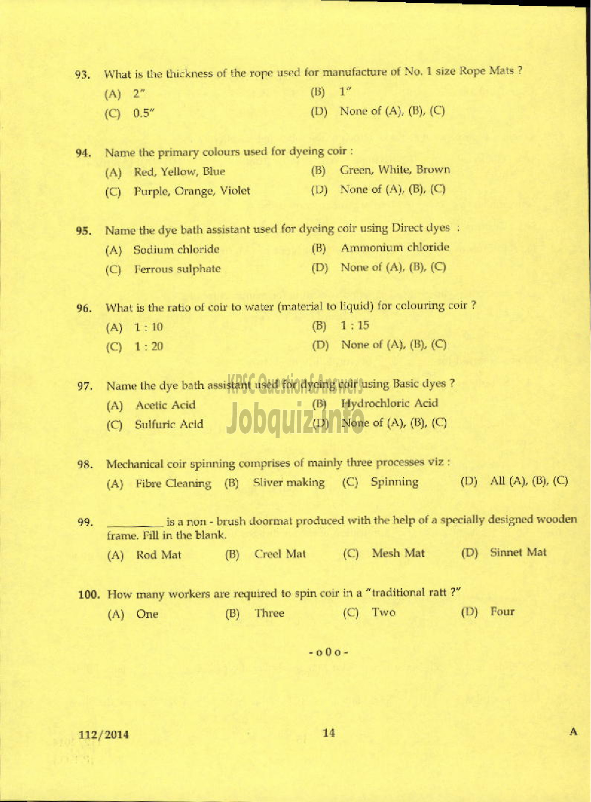 Kerala PSC Question Paper - SUPERVISOR FOAM MATTINGS INDIALIMITED-12