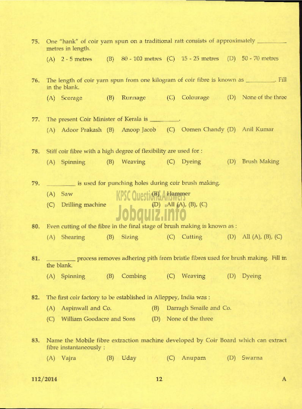 Kerala PSC Question Paper - SUPERVISOR FOAM MATTINGS INDIALIMITED-10