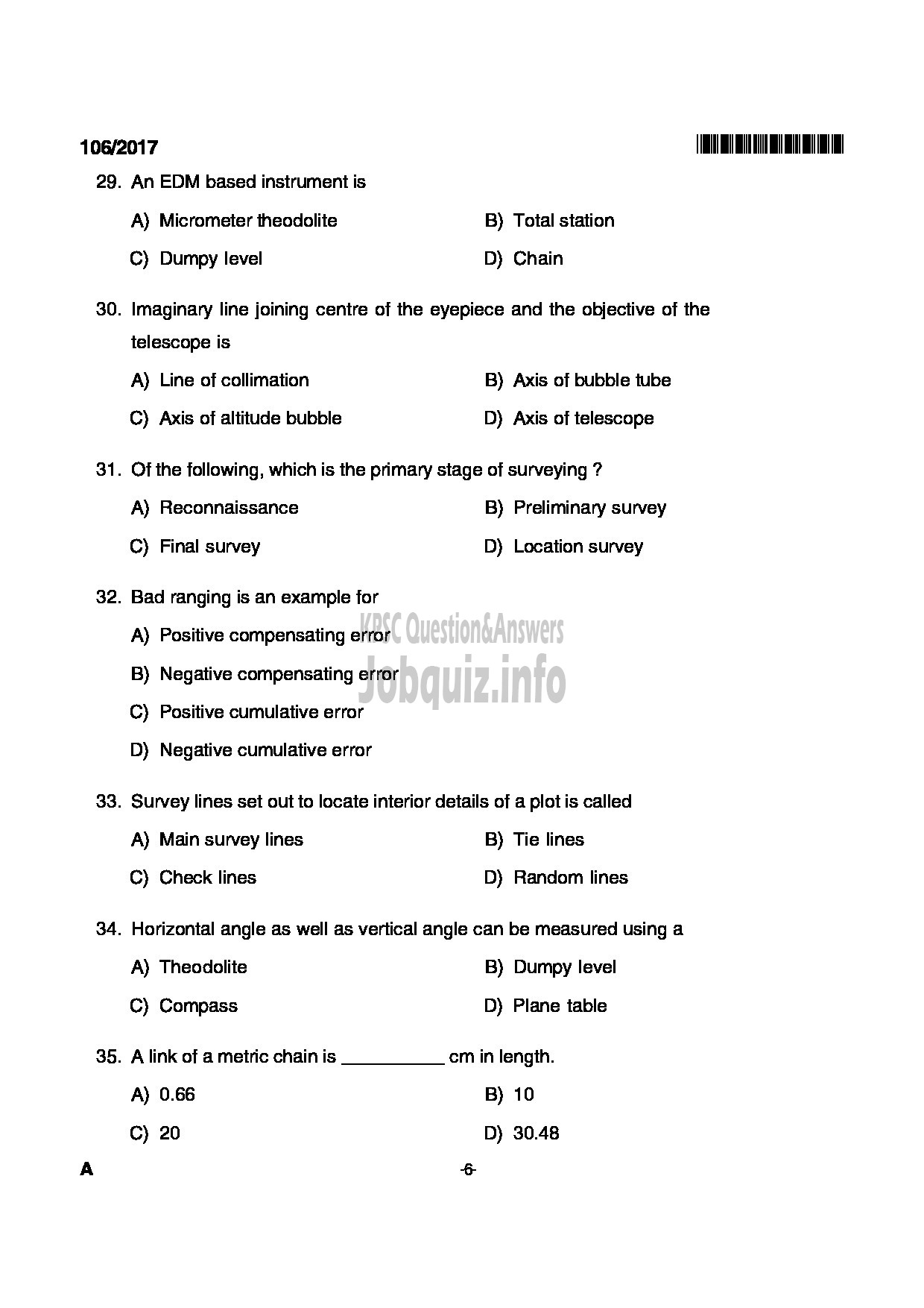 Kerala PSC Question Paper - SURVEYOR GRADE II KERALA WATER AUTHORITY-6