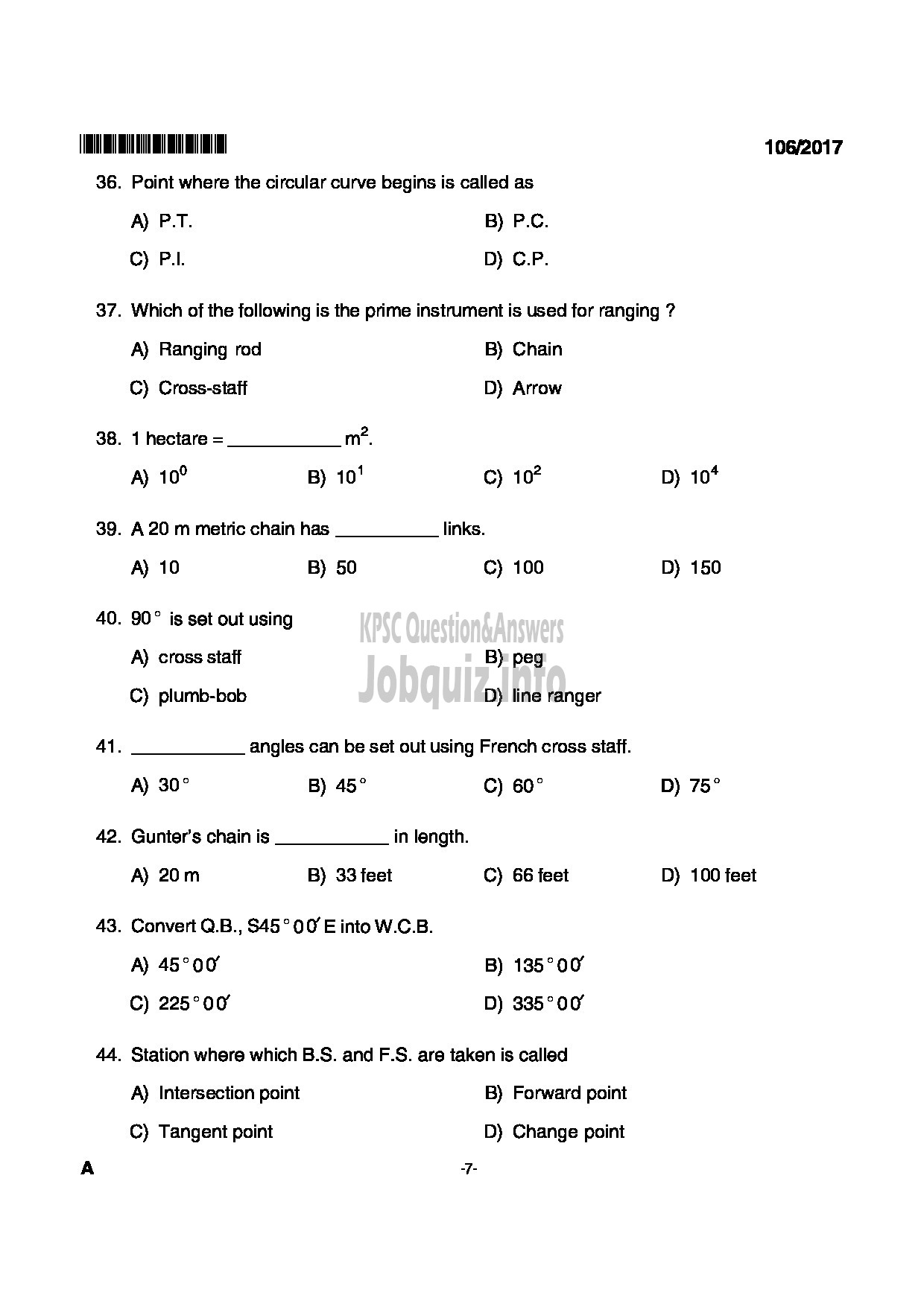 Kerala PSC Question Paper - SURVEYOR GRADE II KERALA WATER AUTHORITY-7