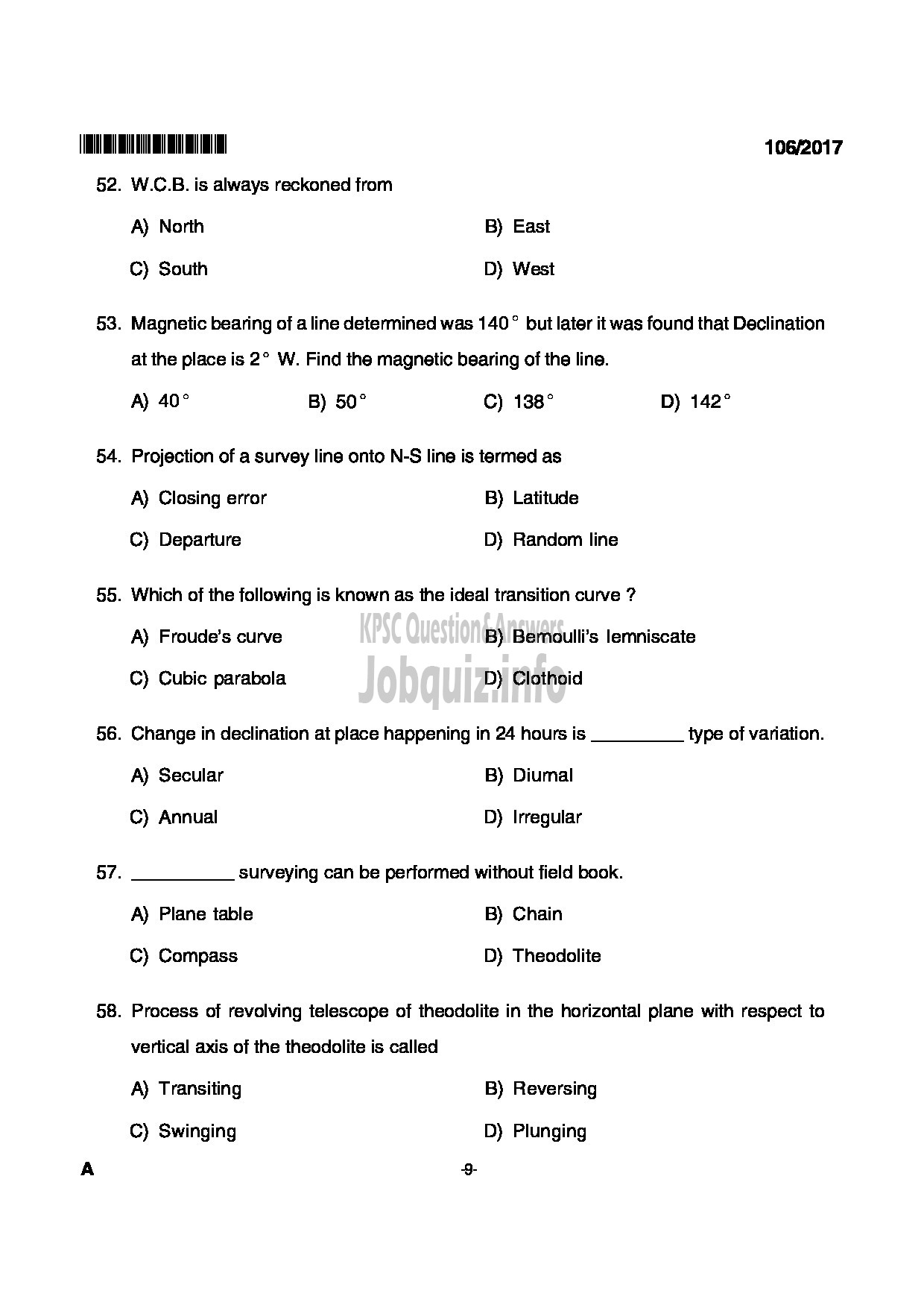 Kerala PSC Question Paper - SURVEYOR GRADE II KERALA WATER AUTHORITY-9