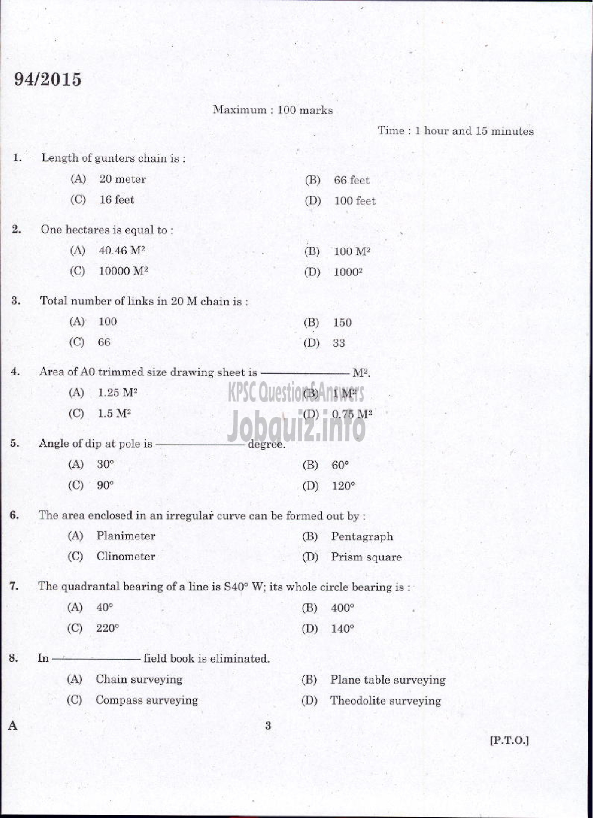 Kerala PSC Question Paper - SURVEYOR GR II HYDROGEOLOGY BRANCH GROUND WATER-1