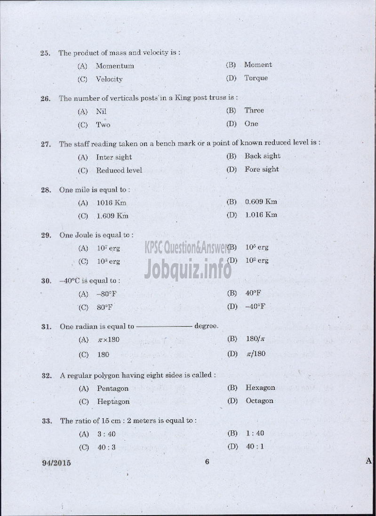 Kerala PSC Question Paper - SURVEYOR GR II HYDROGEOLOGY BRANCH GROUND WATER-4