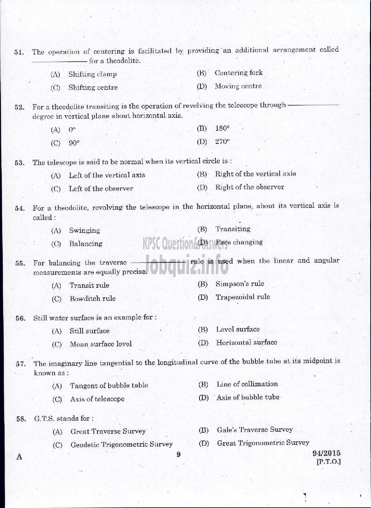 Kerala PSC Question Paper - SURVEYOR GR II HYDROGEOLOGY BRANCH GROUND WATER-7