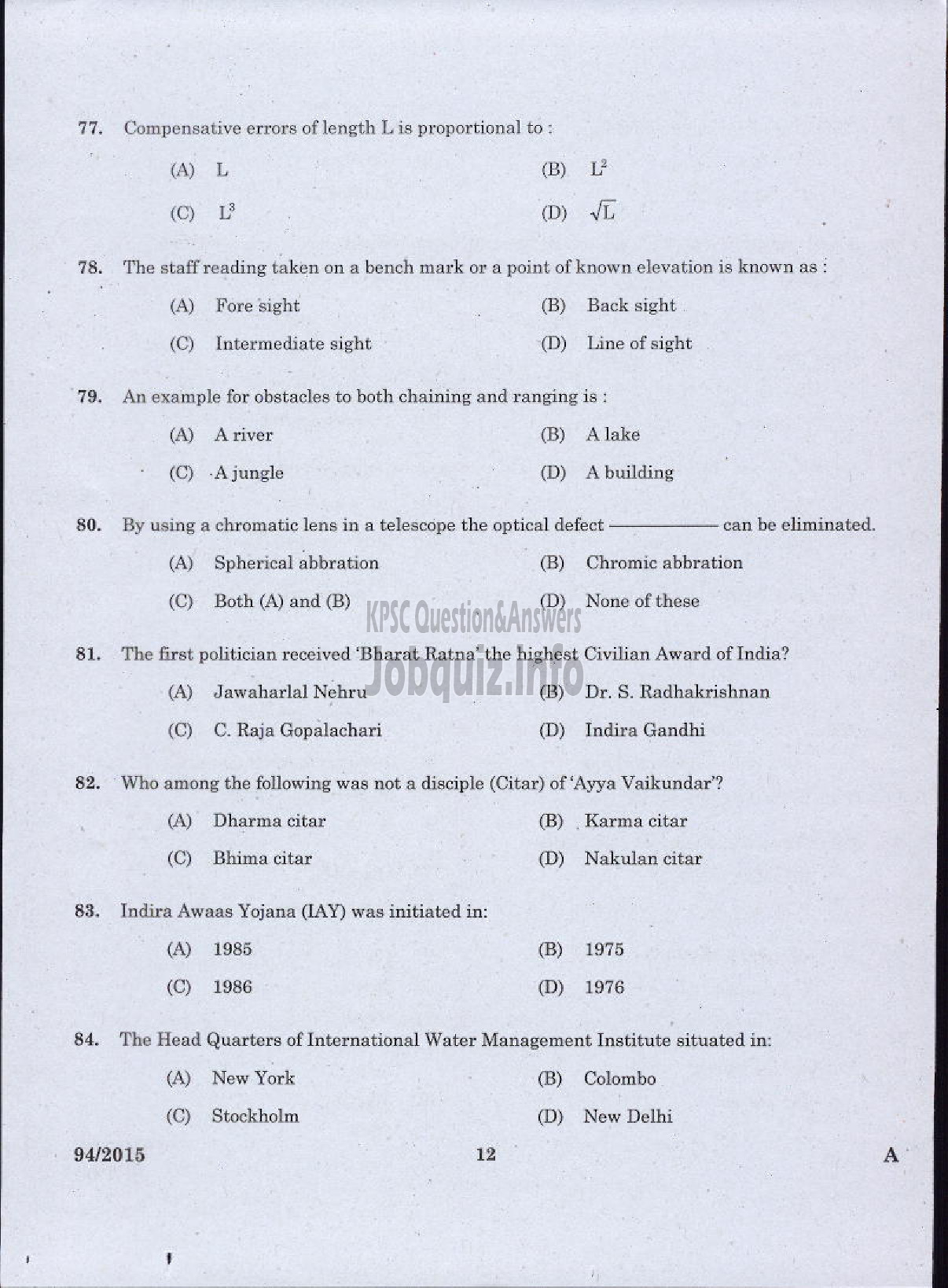 Kerala PSC Question Paper - SURVEYOR GR II HYDROGEOLOGY BRANCH GROUND WATER-10