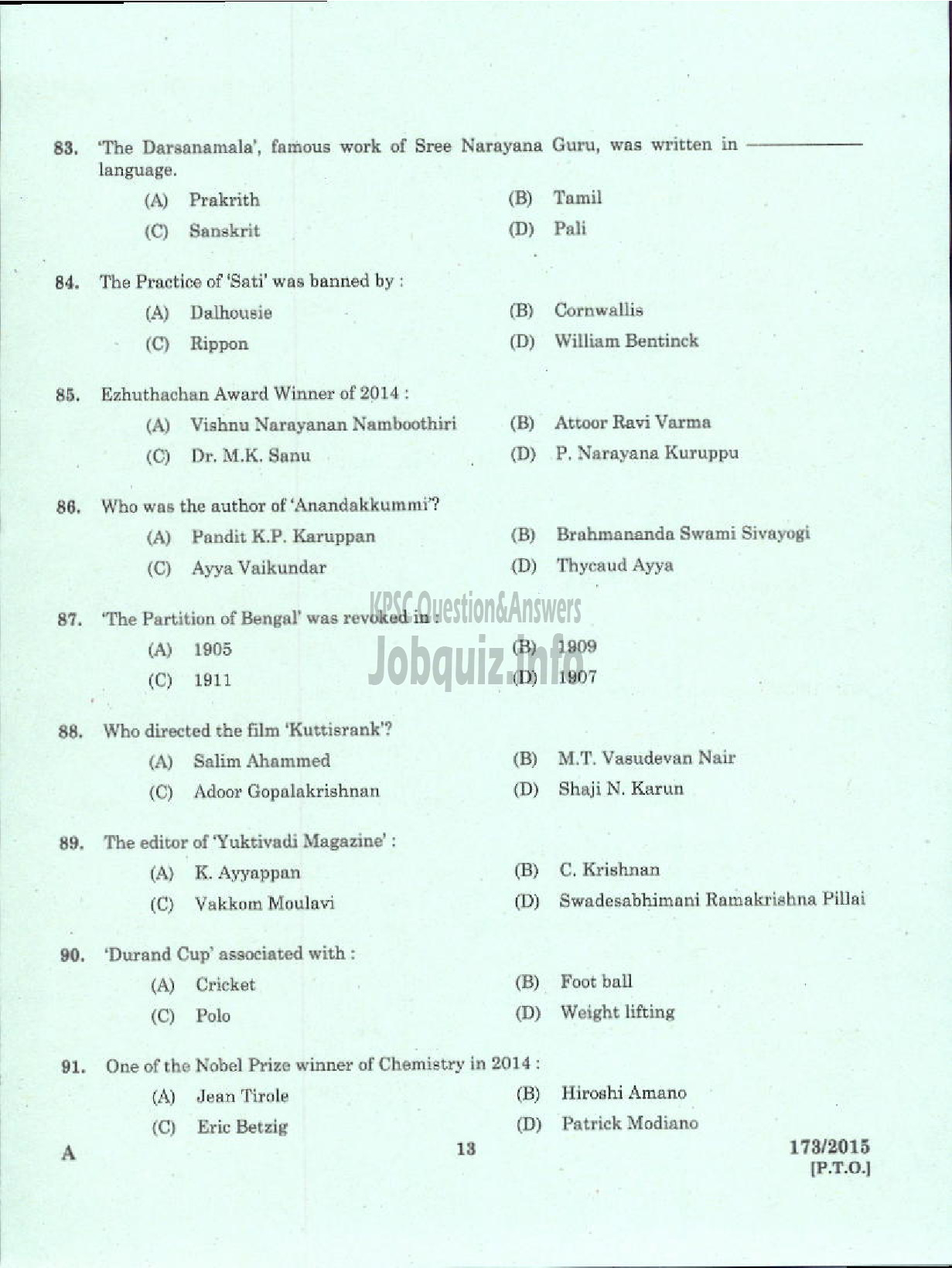 Kerala PSC Question Paper - SURVEYOR GR II SR FOR SC/ST SURVEY AND LAND RECORDS-11