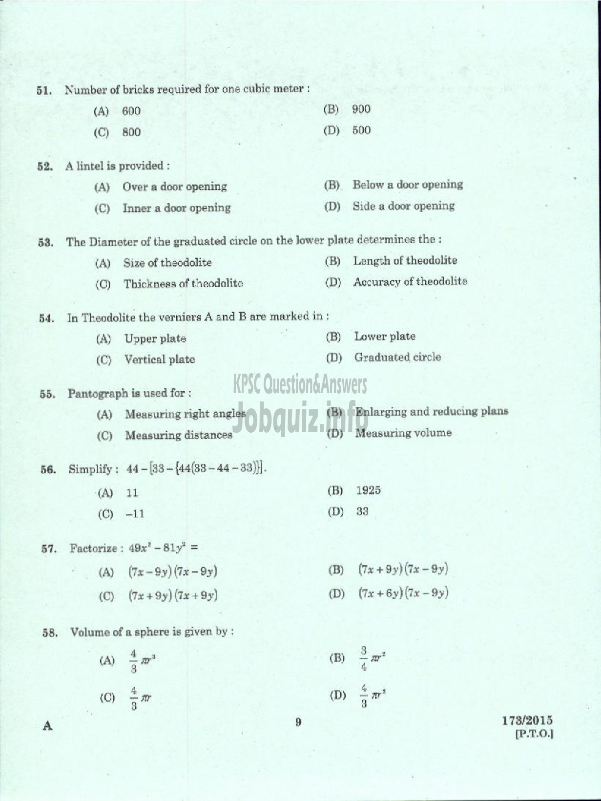 Kerala PSC Question Paper - SURVEYOR GR II SR FOR SC/ST SURVEY AND LAND RECORDS-7