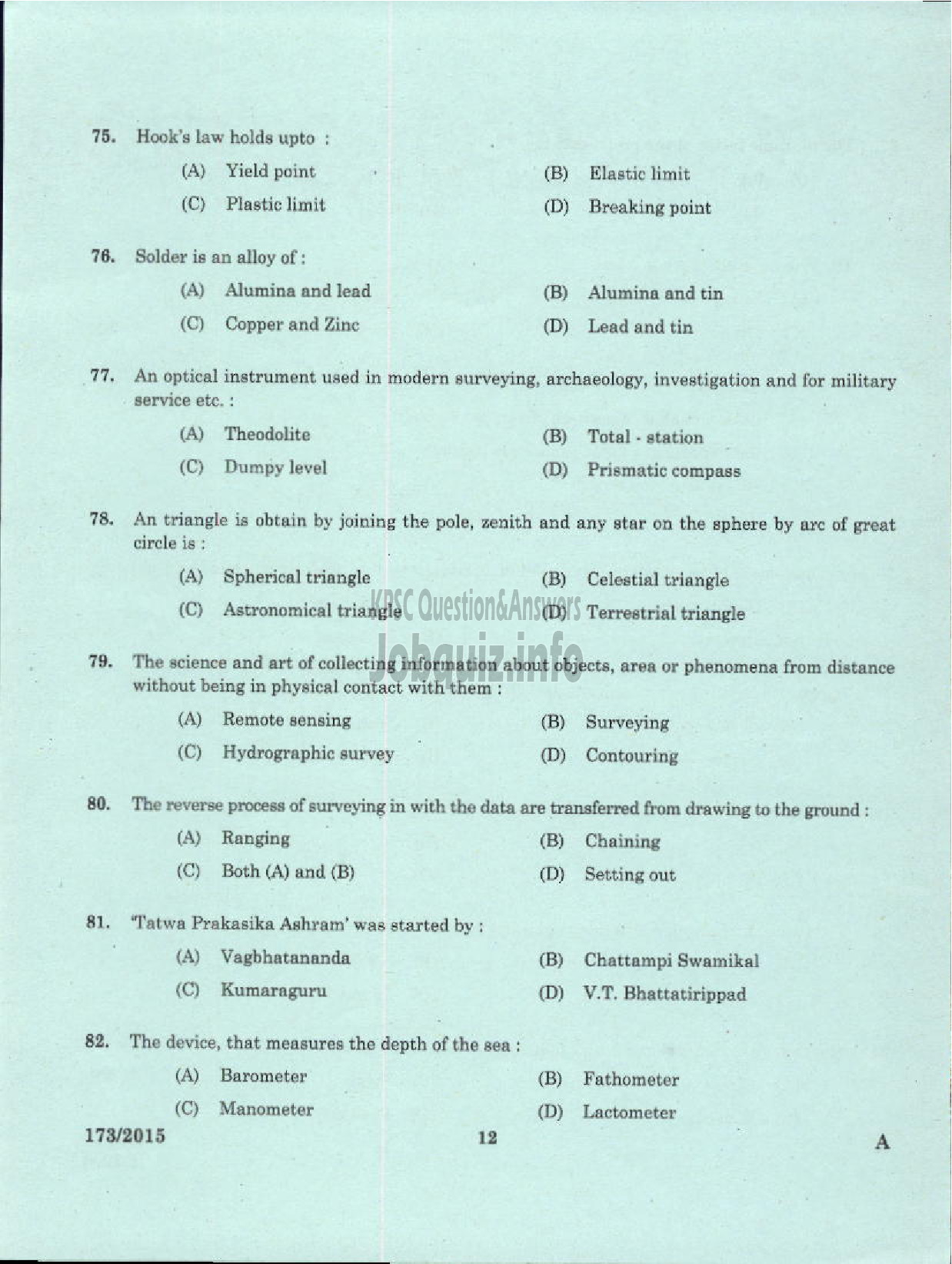 Kerala PSC Question Paper - SURVEYOR GR II SR FOR SC/ST SURVEY AND LAND RECORDS-10