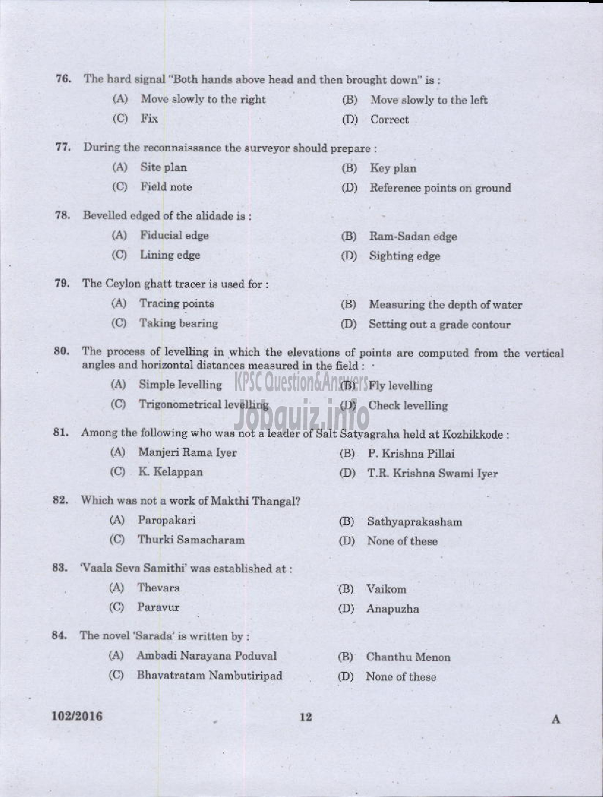 Kerala PSC Question Paper - SURVEYOR GR II SURVEY AND LAND RECORDS-10