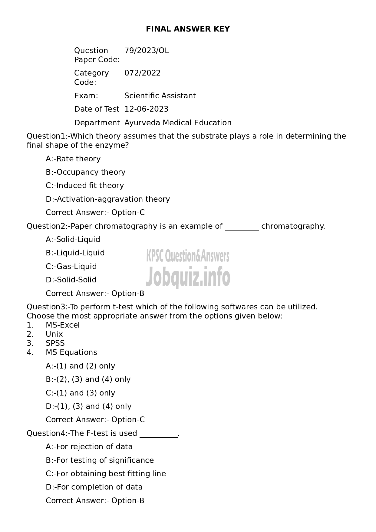 Kerala PSC Question Paper - Scientific Assistant-1