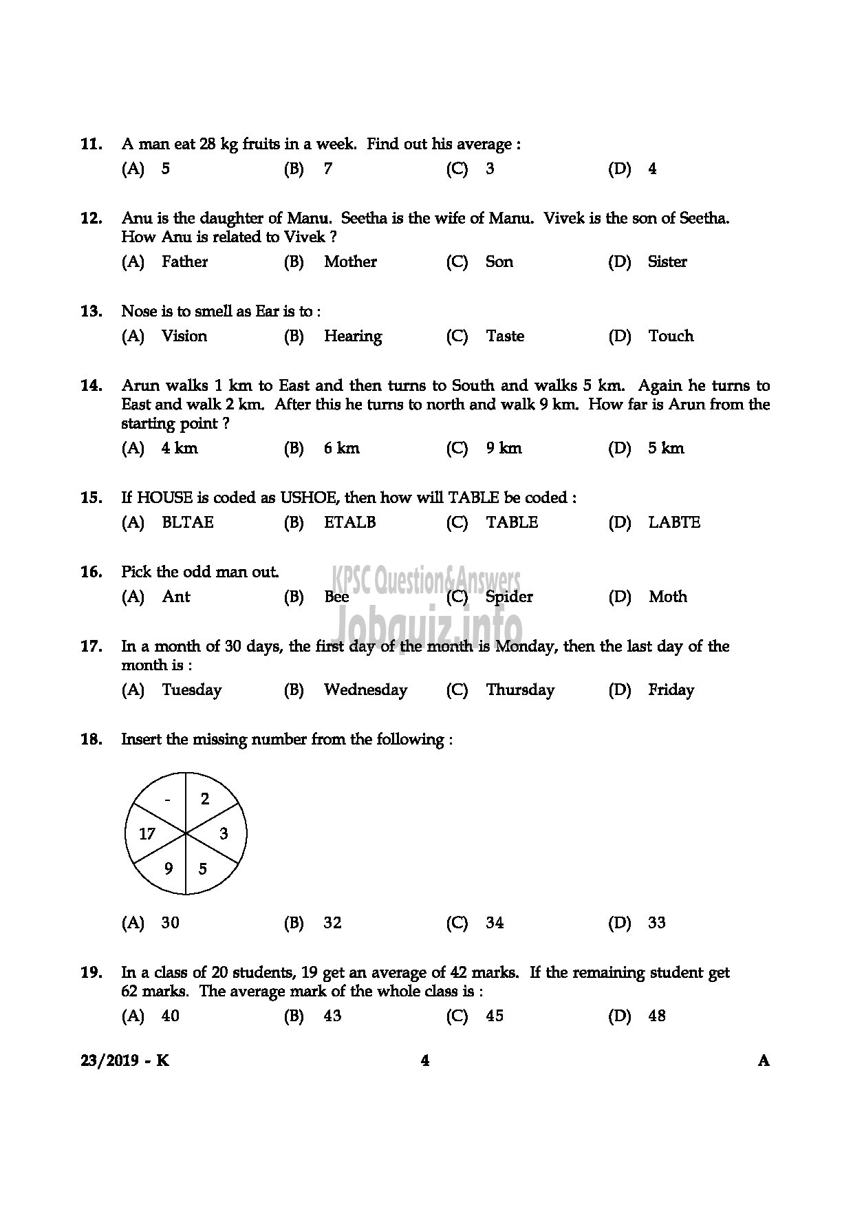 Kerala PSC Question Paper - Sr.Supdt/Accounts Officer Kerala State Insurance Sr.Supdt (SR from ST only Dairy Development-4