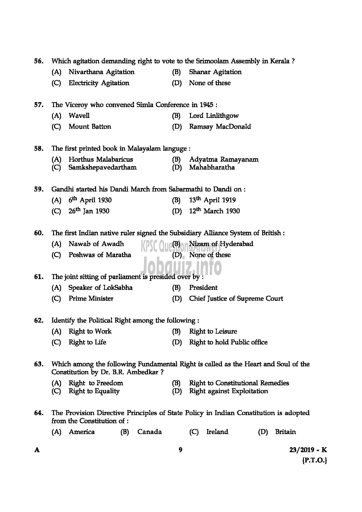 Kerala PSC Question Paper - Sr.Supdt/Accounts Officer Kerala State Insurance Sr.Supdt (SR from ST only Dairy Development-9