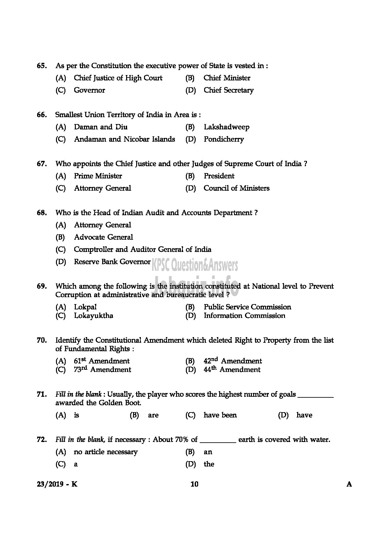 Kerala PSC Question Paper - Sr.Supdt/Accounts Officer Kerala State Insurance Sr.Supdt (SR from ST only Dairy Development-10