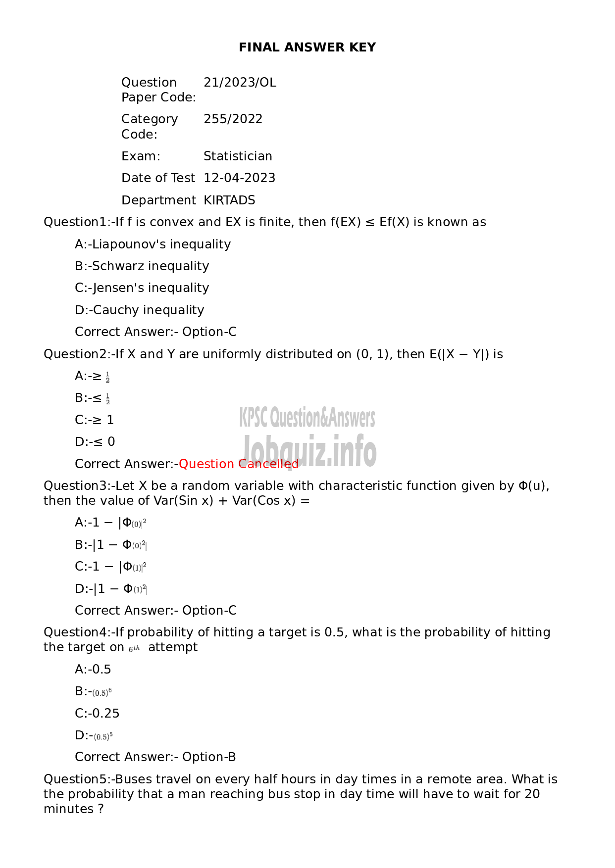 Kerala PSC Question Paper - Statistician-1