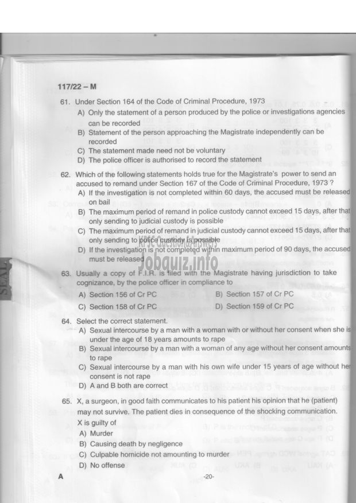 Kerala PSC Question Paper - Sub Inspector of Police, Women Sub Inspector of Police - Degree Level Main Examination-19