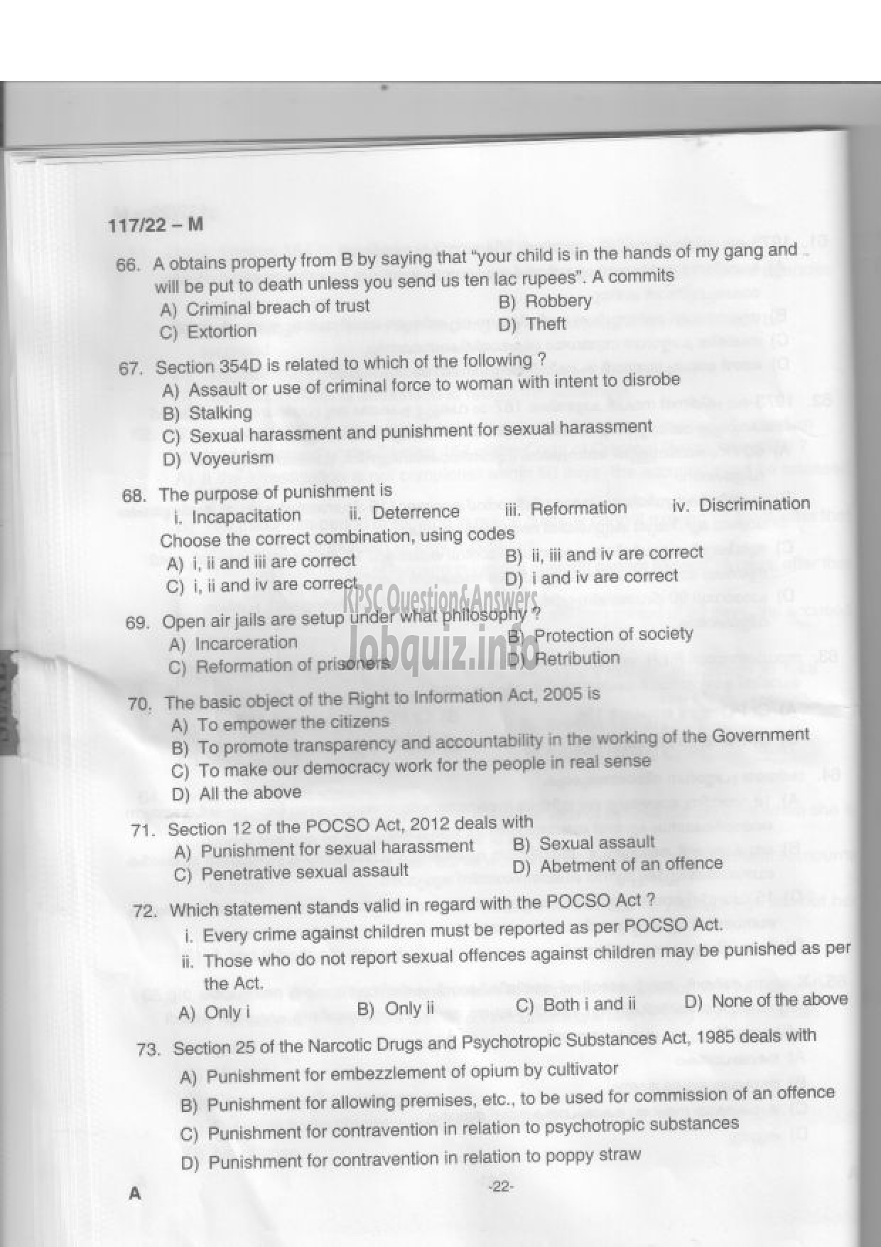 Kerala PSC Question Paper - Sub Inspector of Police, Women Sub Inspector of Police - Degree Level Main Examination-21