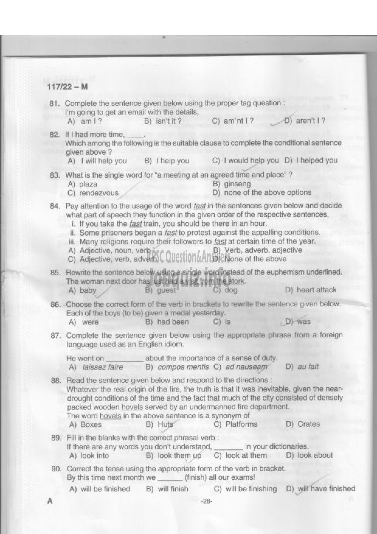 Kerala PSC Question Paper - Sub Inspector of Police, Women Sub Inspector of Police - Degree Level Main Examination-27