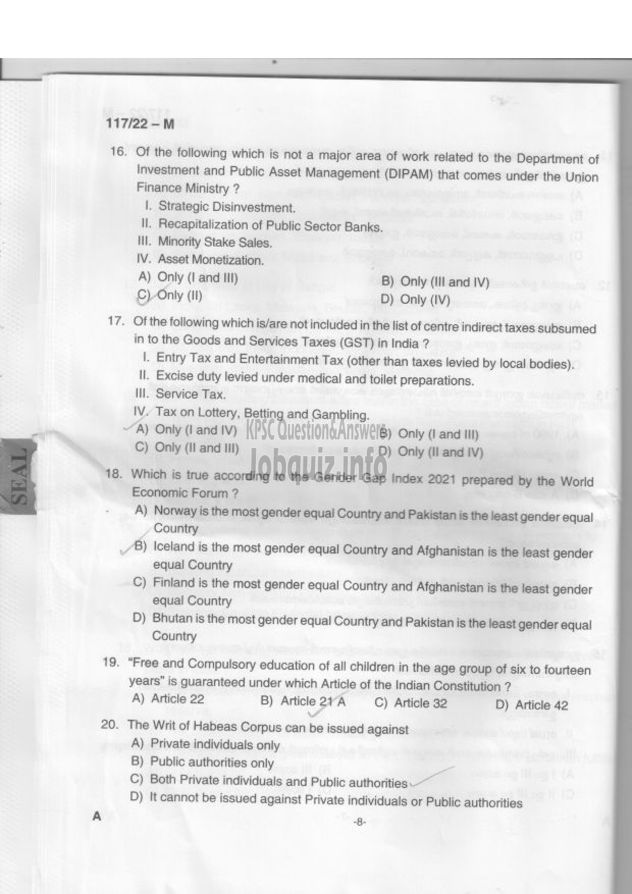 Kerala PSC Question Paper - Sub Inspector of Police, Women Sub Inspector of Police - Degree Level Main Examination-7