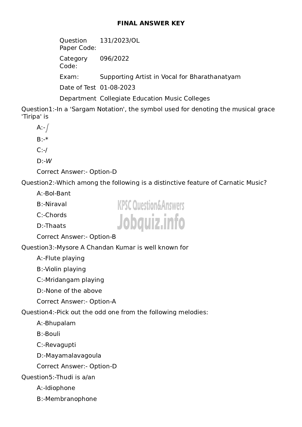 Kerala PSC Question Paper - Supporting Artist in Vocal for Bharathanatyam-1