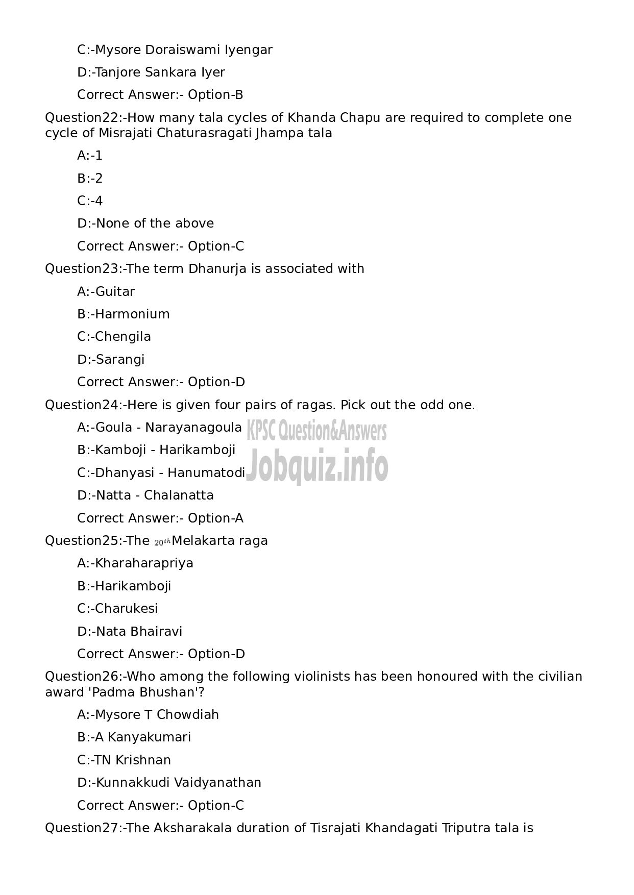 Kerala PSC Question Paper - Supporting Artist in Vocal for Bharathanatyam-5
