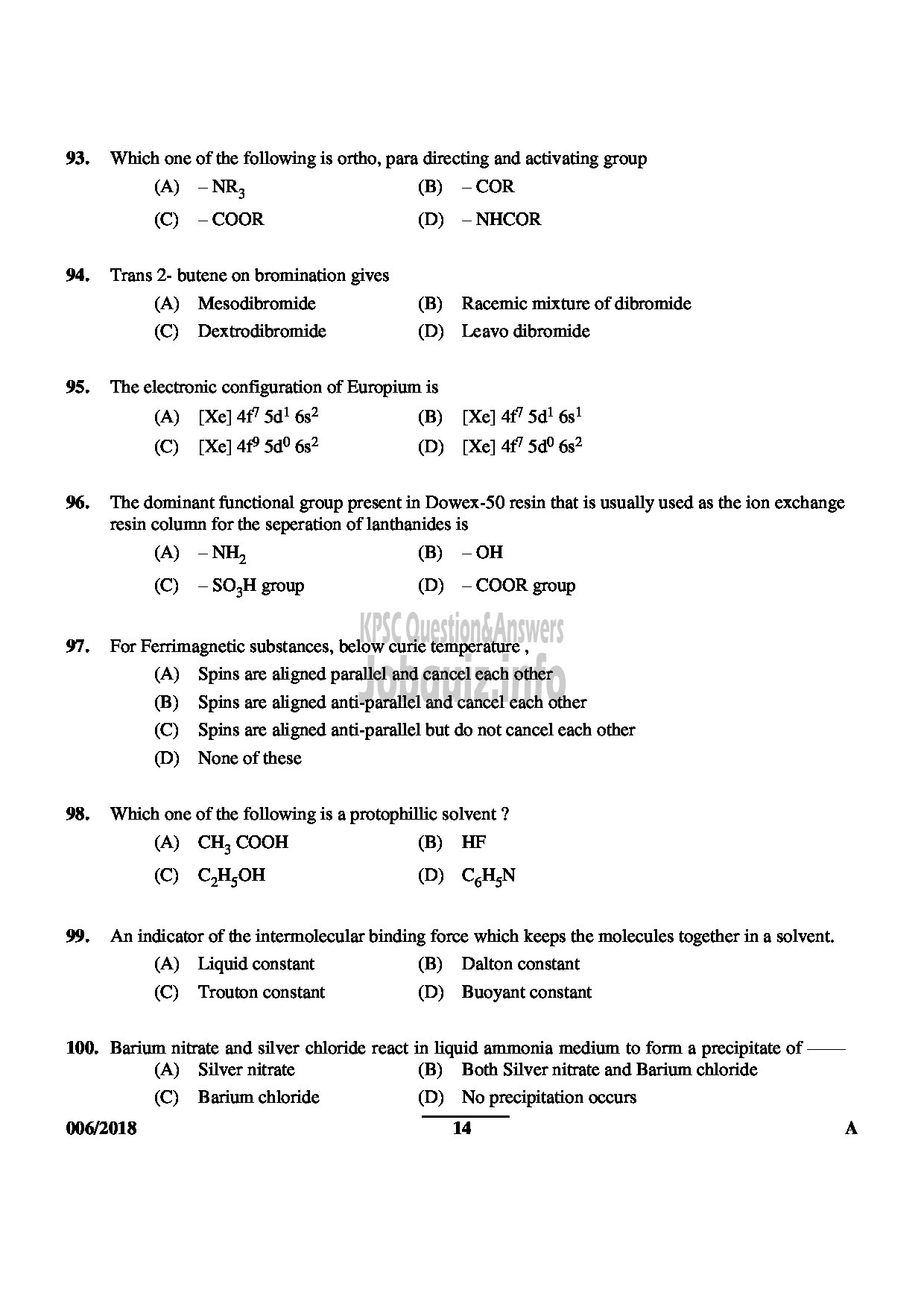 Kerala PSC Question Paper - TECHNICAL ASSISTANT GR II GOVERNMENT ANALYSTS LABORATORY FOOD SAFETY DEPT-14