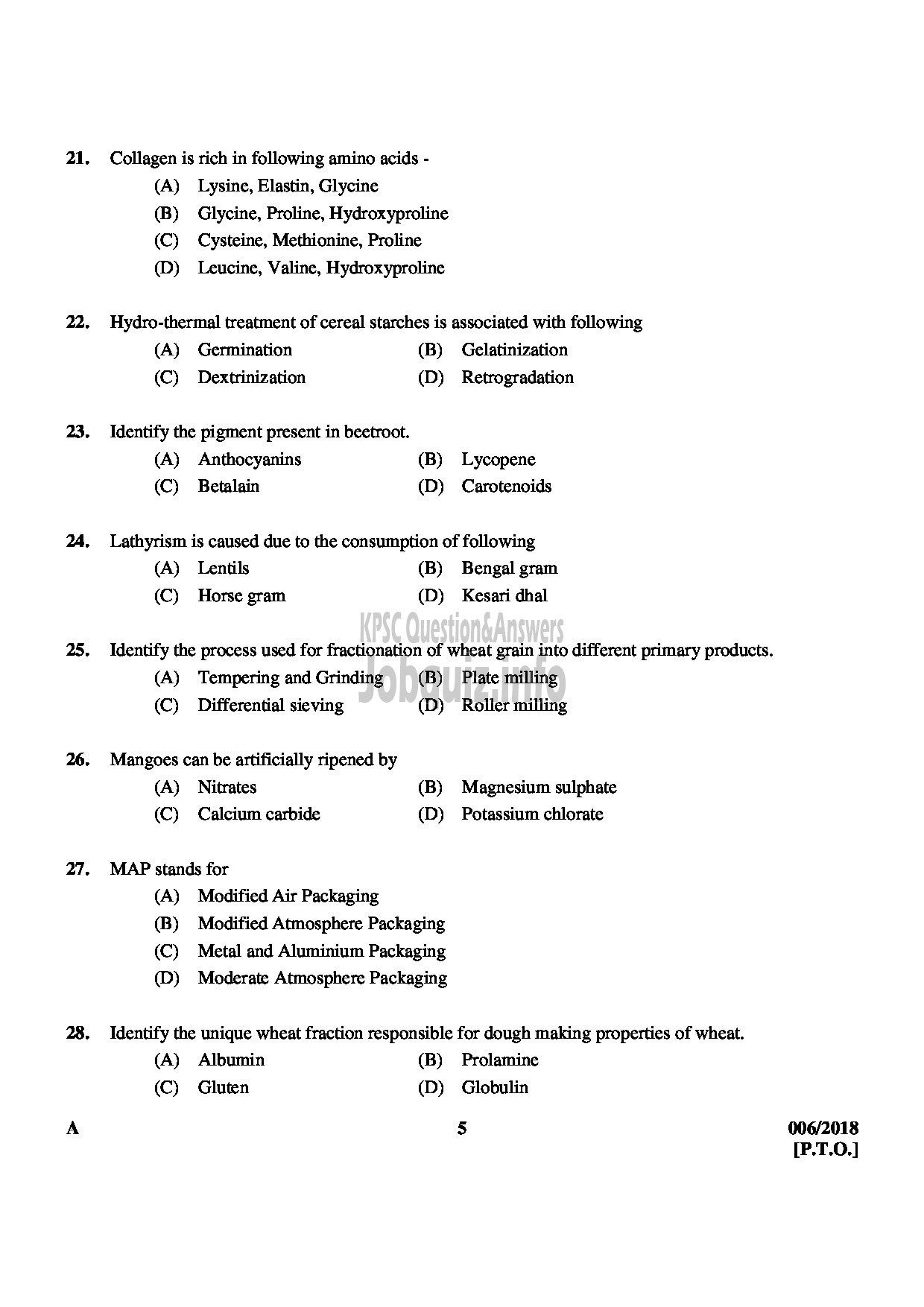 Kerala PSC Question Paper - TECHNICAL ASSISTANT GR II GOVERNMENT ANALYSTS LABORATORY FOOD SAFETY DEPT-5