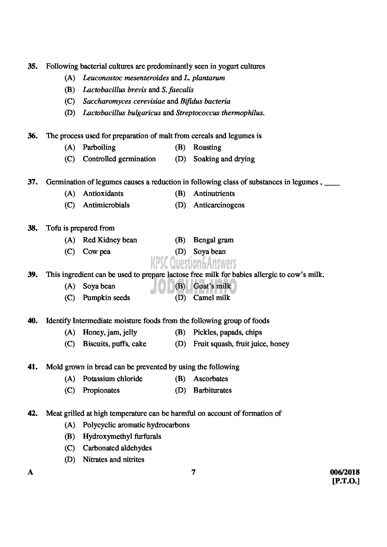 Kerala PSC Question Paper - TECHNICAL ASSISTANT GR II GOVERNMENT ANALYSTS LABORATORY FOOD SAFETY DEPT-7