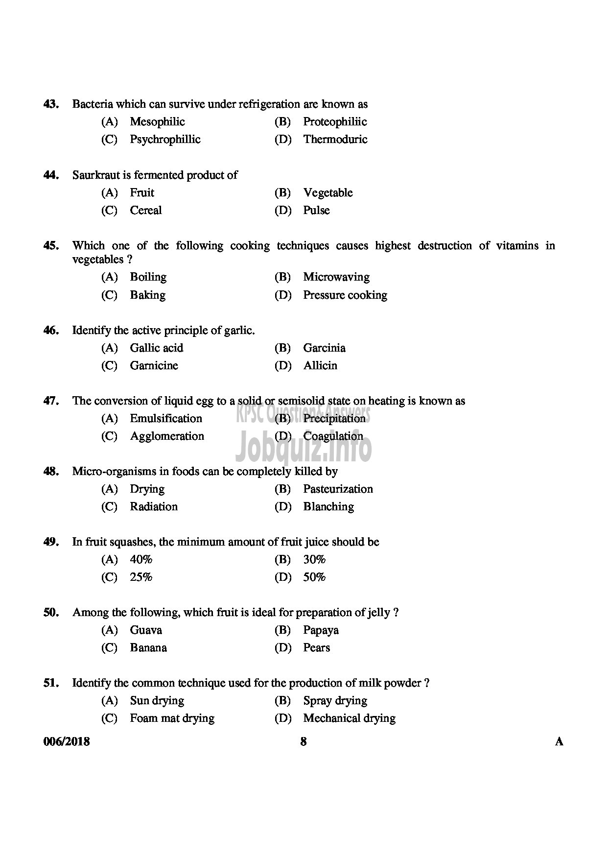 Kerala PSC Question Paper - TECHNICAL ASSISTANT GR II GOVERNMENT ANALYSTS LABORATORY FOOD SAFETY DEPT-8