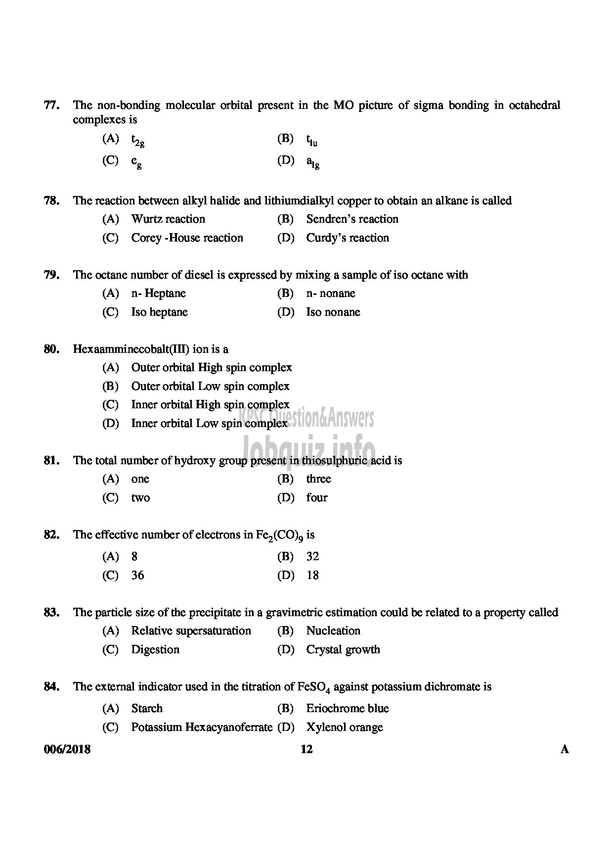 Kerala PSC Question Paper - TECHNICAL ASSISTANT GR II GOVERNMENT ANALYSTS LABORATORY FOOD SAFETY DEPT QUESTION PAPER-12